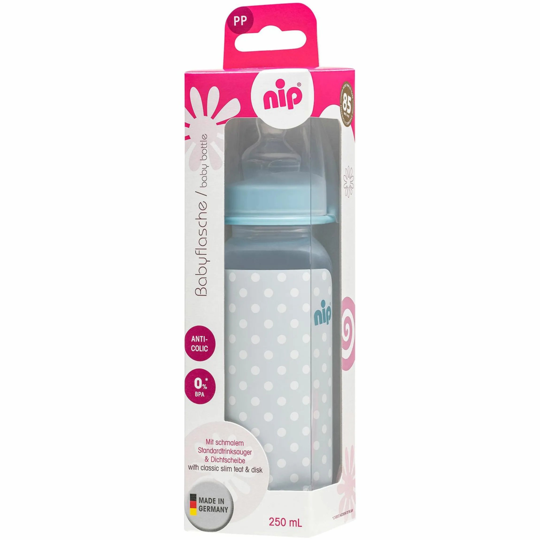 PP-Flasche Trendy 250 ml - Silikon Gr. 1 M - Blau