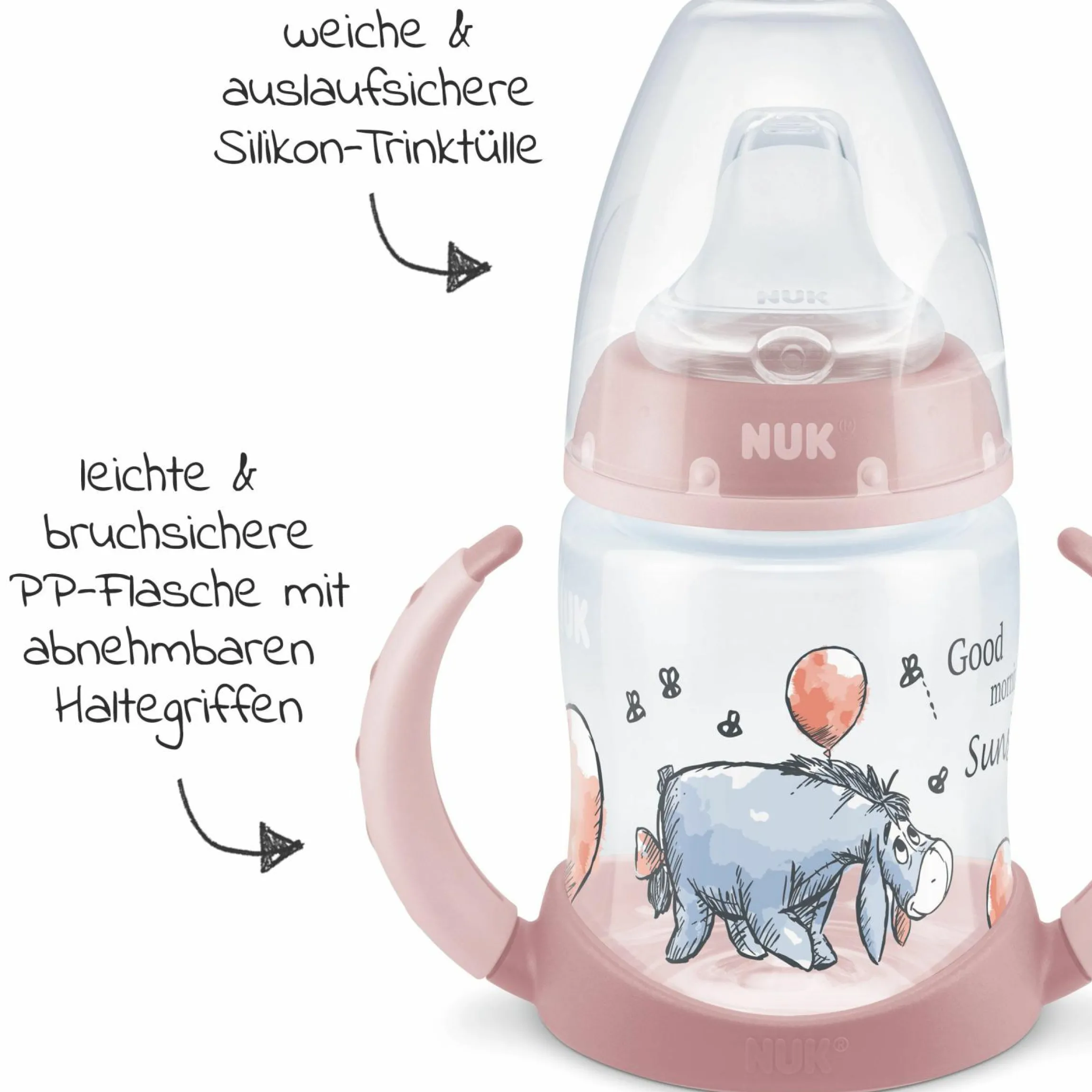 PP-Trinklernflasche First Choice Plus 150 ml + Silikon-Tülle - Temperature Control - Disney Winnie Pooh - Rosa
