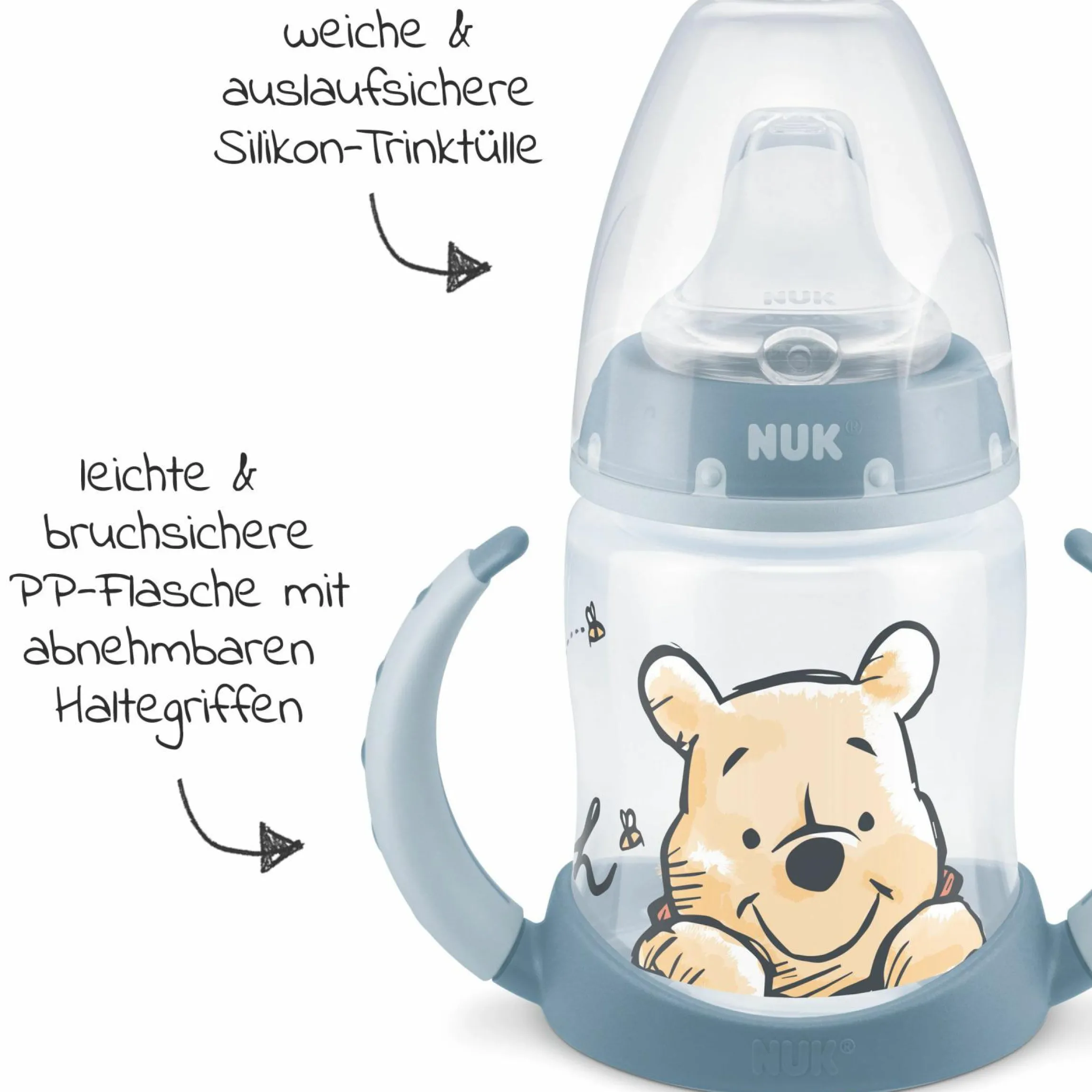 PP-Trinklernflasche First Choice Plus 150 ml + Silikon-Tülle - Temperature Control - Disney Winnie Pooh - Blau