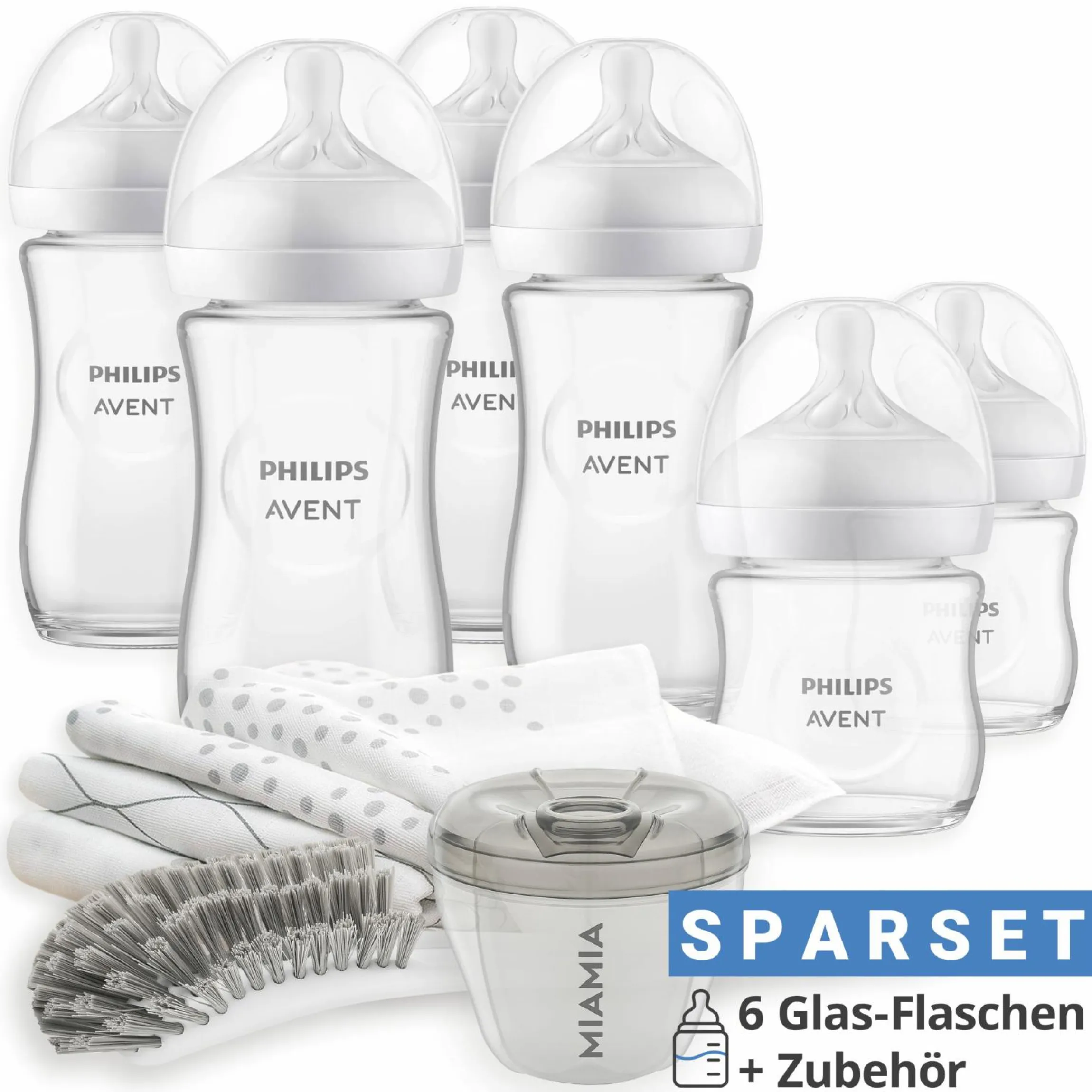 Premium Glas-Flaschen-Set Natural 11-tlg. - 6 Babyflaschen + Flaschenbürste + Milchpulverportionierer + 3 Spucktücher