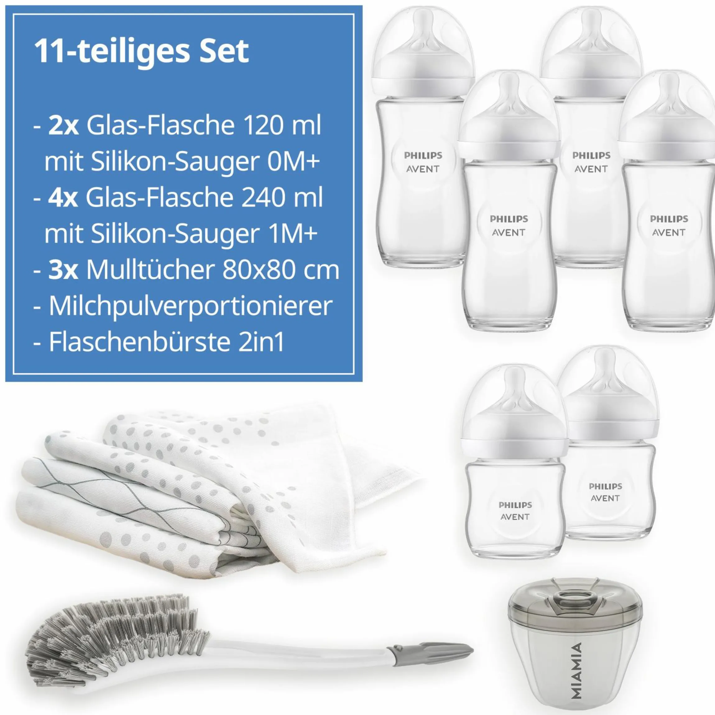Premium Glas-Flaschen-Set Natural 11-tlg. - 6 Babyflaschen + Flaschenbürste + Milchpulverportionierer + 3 Spucktücher