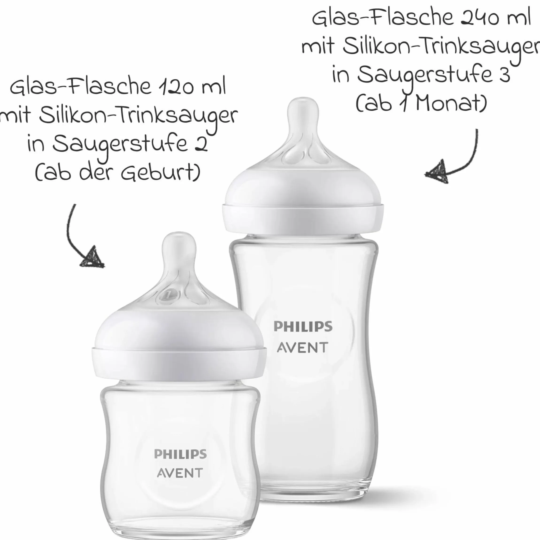 Premium Glas-Flaschen-Set Natural 11-tlg. - 6 Babyflaschen + Flaschenbürste + Milchpulverportionierer + 3 Spucktücher