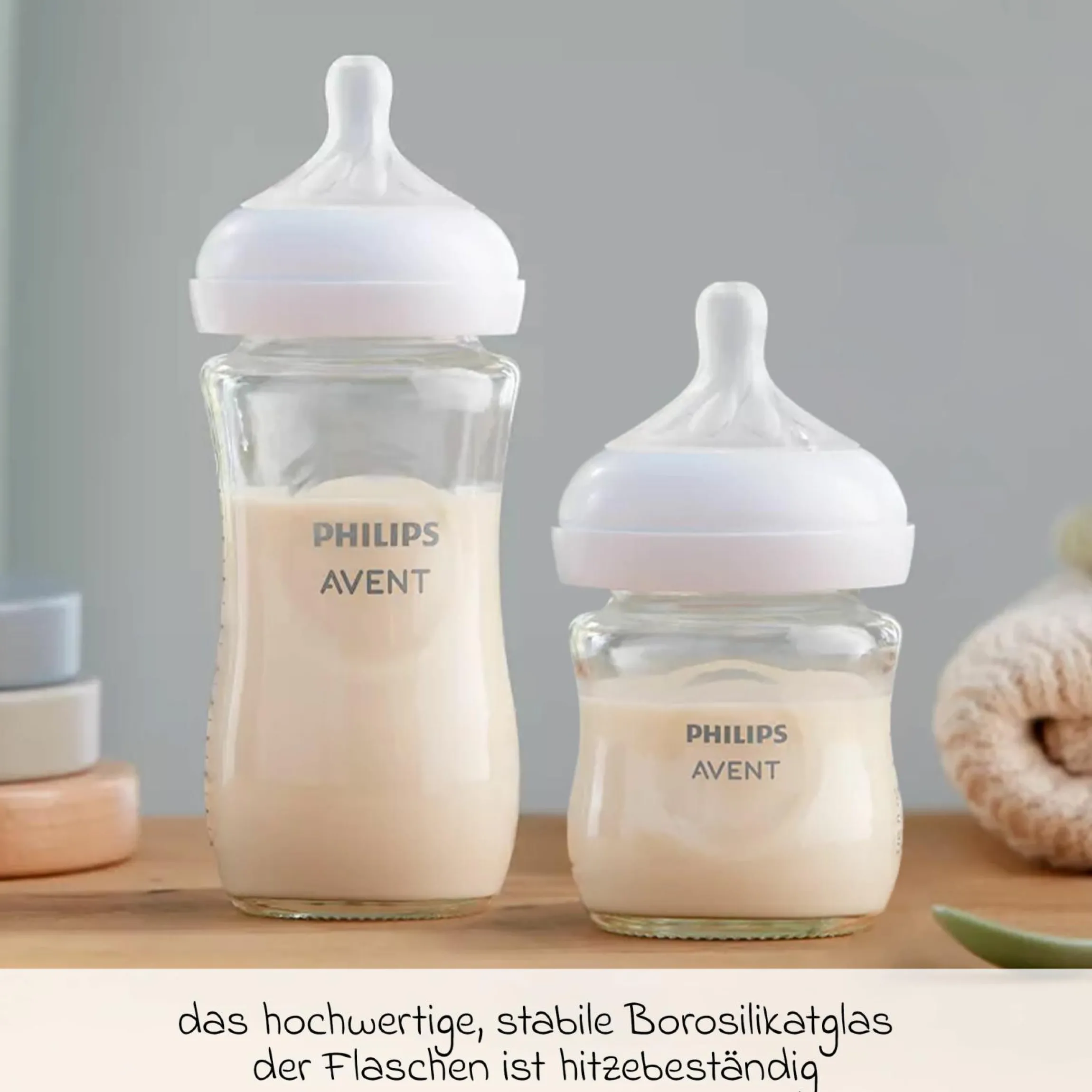 Premium Glas-Flaschen-Set Natural 11-tlg. - 6 Babyflaschen + Flaschenbürste + Milchpulverportionierer + 3 Spucktücher