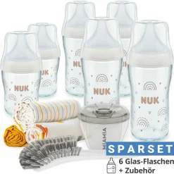 Premium Glas-Flaschen-Set Perfect Match 11-tlg. - 6 Babyflaschen + Flaschenbürste + Milchpulverportionierer + 3 Spucktücher - Regenbogen - Weiß