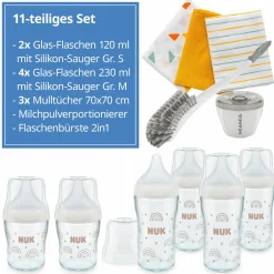 Premium Glas-Flaschen-Set Perfect Match 11-tlg. - 6 Babyflaschen + Flaschenbürste + Milchpulverportionierer + 3 Spucktücher - Regenbogen - Weiß