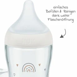 Premium Glas-Flaschen-Set Perfect Match 11-tlg. - 6 Babyflaschen + Flaschenbürste + Milchpulverportionierer + 3 Spucktücher - Regenbogen - Weiß