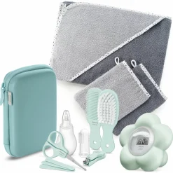 Premium Pflege Set 14-tlg. Badethermometer + Gesundheitsset + Kapuzenbadetuch + 2 Waschhandschuhe