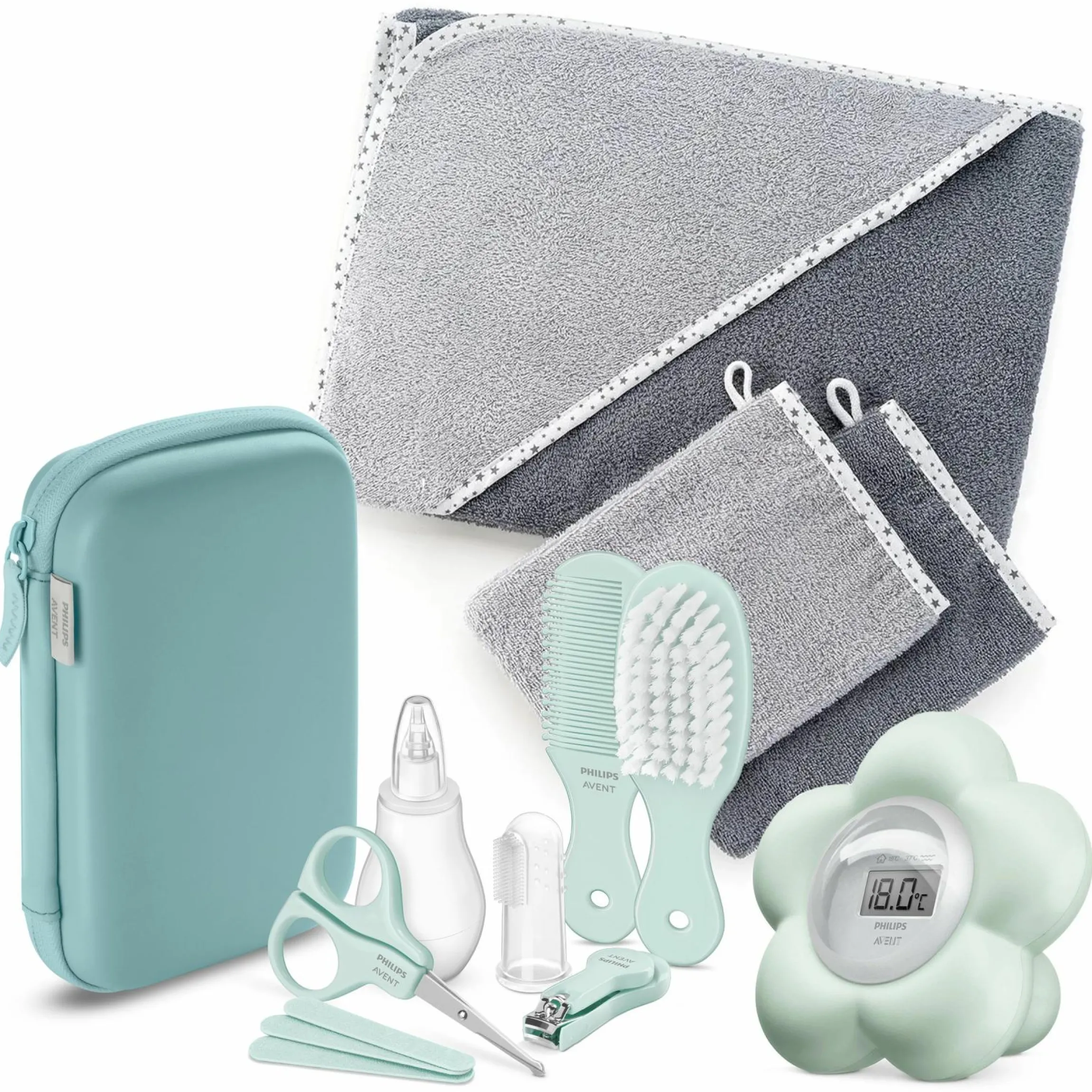 Premium Pflege Set 14-tlg. Badethermometer + Gesundheitsset + Kapuzenbadetuch + 2 Waschhandschuhe