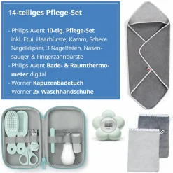 Premium Pflege Set 14-tlg. Badethermometer + Gesundheitsset + Kapuzenbadetuch + 2 Waschhandschuhe
