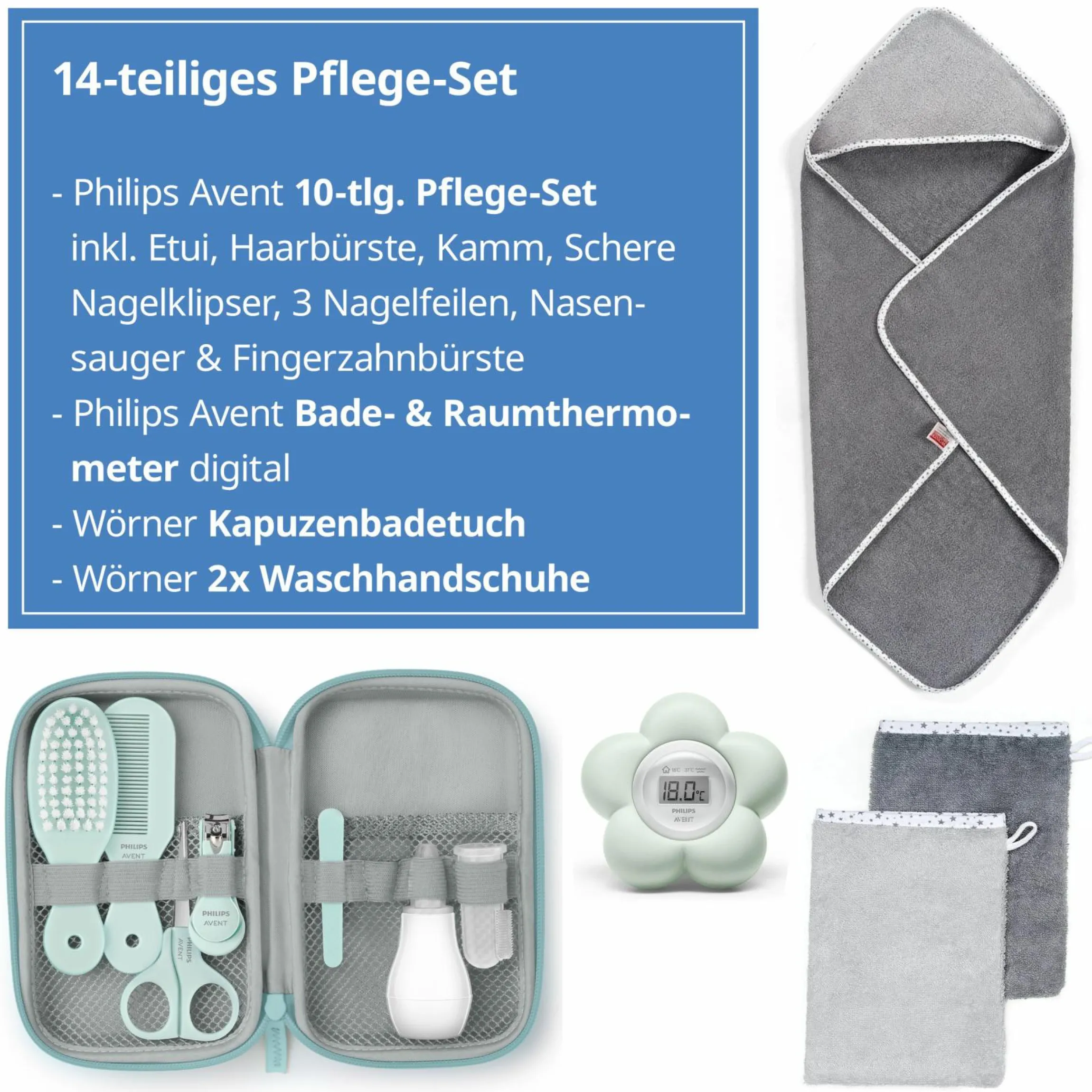 Premium Pflege Set 14-tlg. Badethermometer + Gesundheitsset + Kapuzenbadetuch + 2 Waschhandschuhe