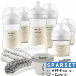 Premium PP-Flaschen-Set Natural 11-tlg. - 6 Babyflaschen + Flaschenbürste + Milchpulverportionierer + 3 Spucktücher