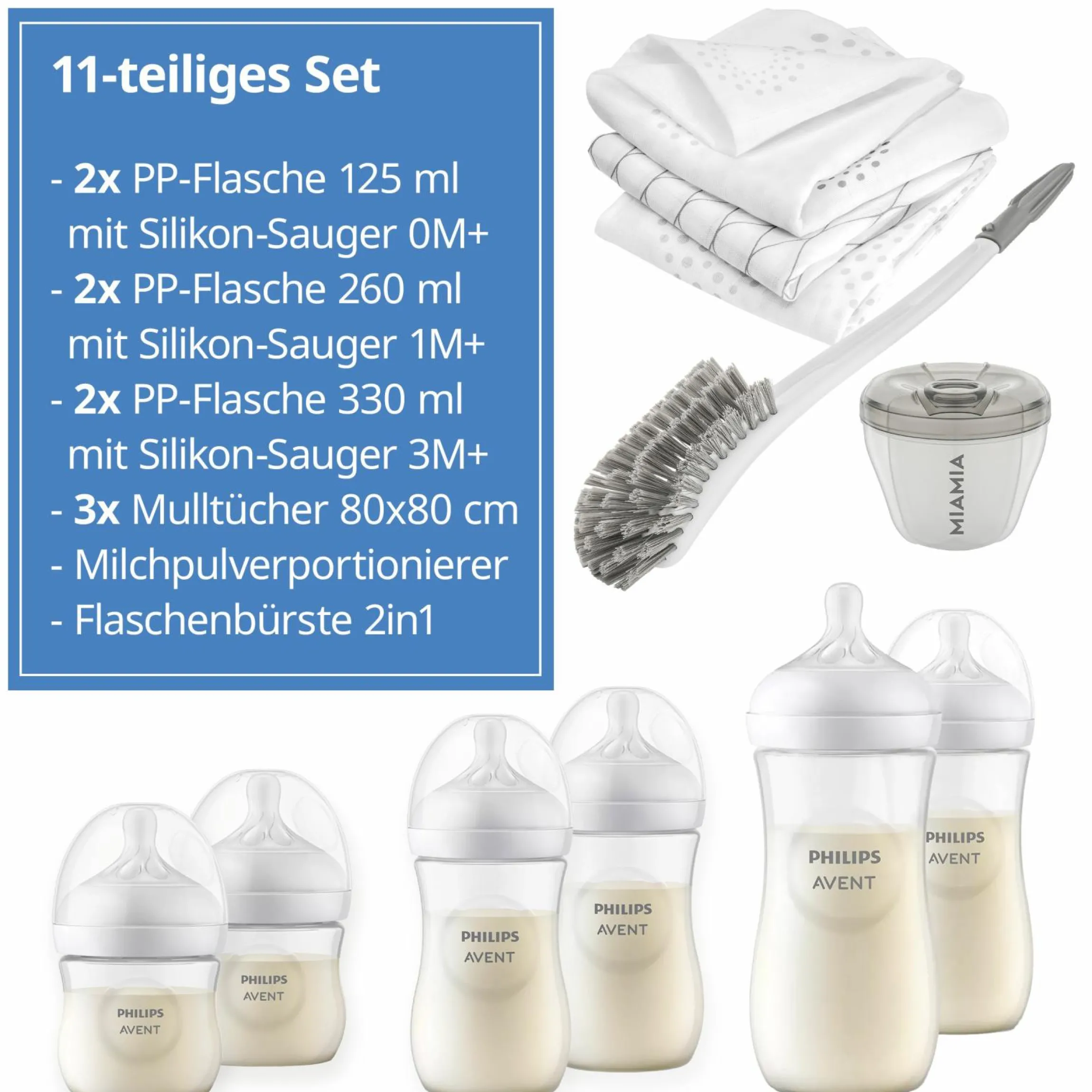 Premium PP-Flaschen-Set Natural 11-tlg. - 6 Babyflaschen + Flaschenbürste + Milchpulverportionierer + 3 Spucktücher