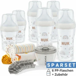 Premium PP-Flaschen-Set Perfect Match 11-tlg. - 6 Babyflaschen + Flaschenbürste + Milchpulverportionierer + 3 Spucktücher - Regenbogen - Weiß