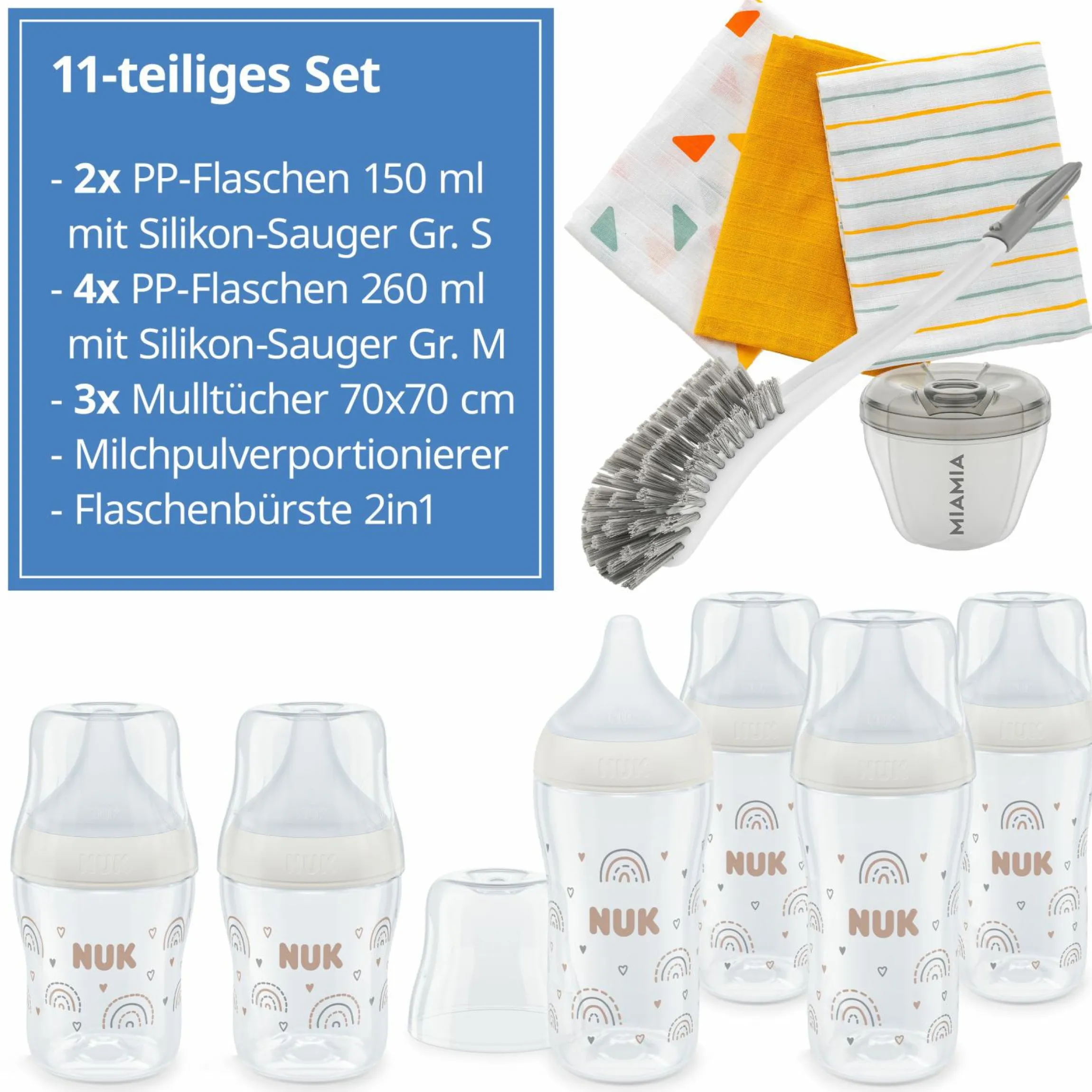 Premium PP-Flaschen-Set Perfect Match 11-tlg. - 6 Babyflaschen + Flaschenbürste + Milchpulverportionierer + 3 Spucktücher - Regenbogen - Weiß