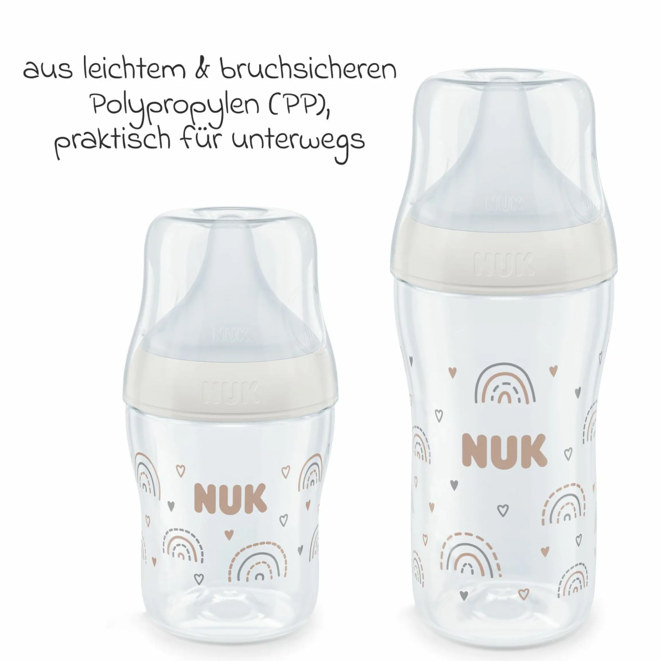 Premium PP-Flaschen-Set Perfect Match 11-tlg. - 6 Babyflaschen + Flaschenbürste + Milchpulverportionierer + 3 Spucktücher - Regenbogen - Weiß