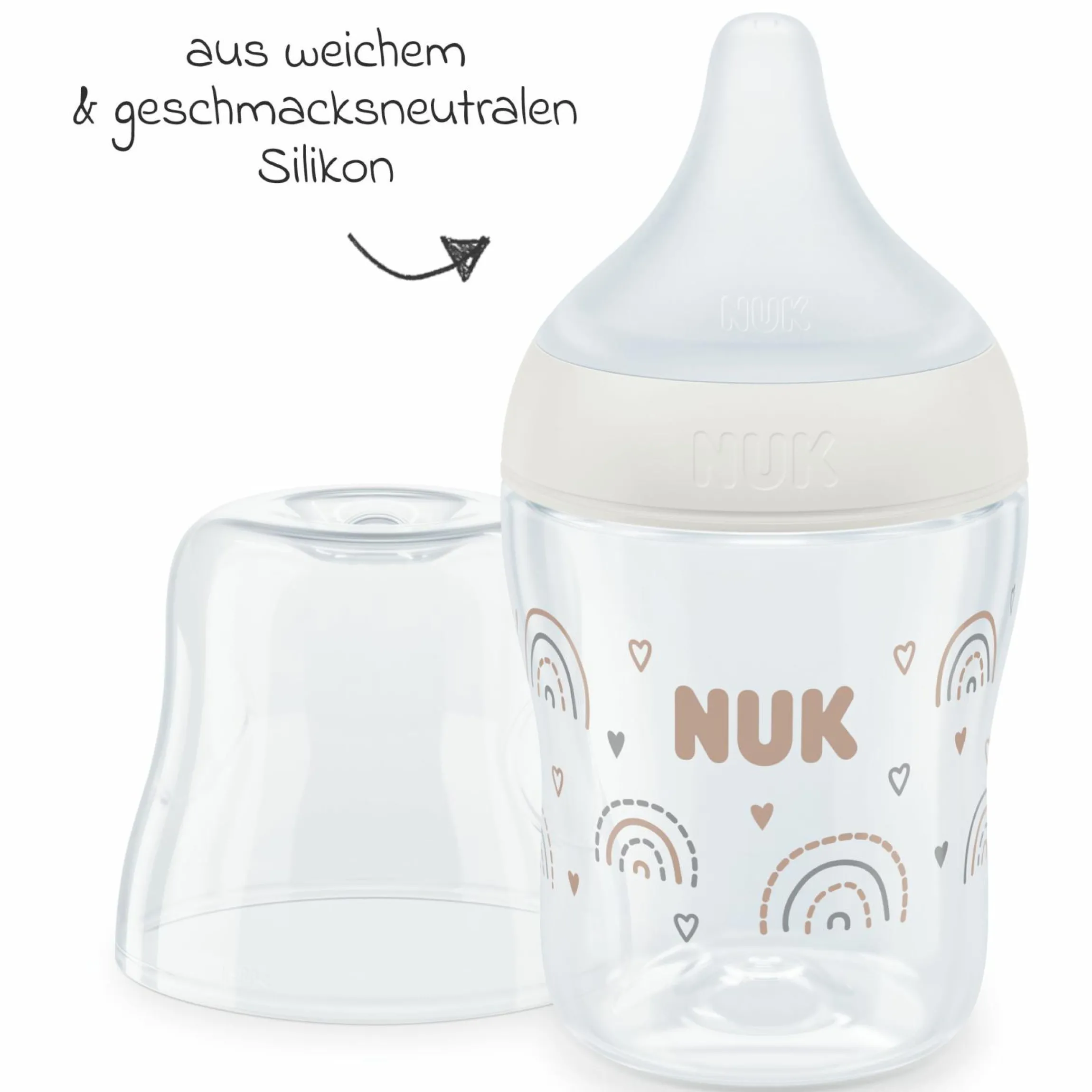 Premium PP-Flaschen-Set Perfect Match 11-tlg. - 6 Babyflaschen + Flaschenbürste + Milchpulverportionierer + 3 Spucktücher - Regenbogen - Weiß