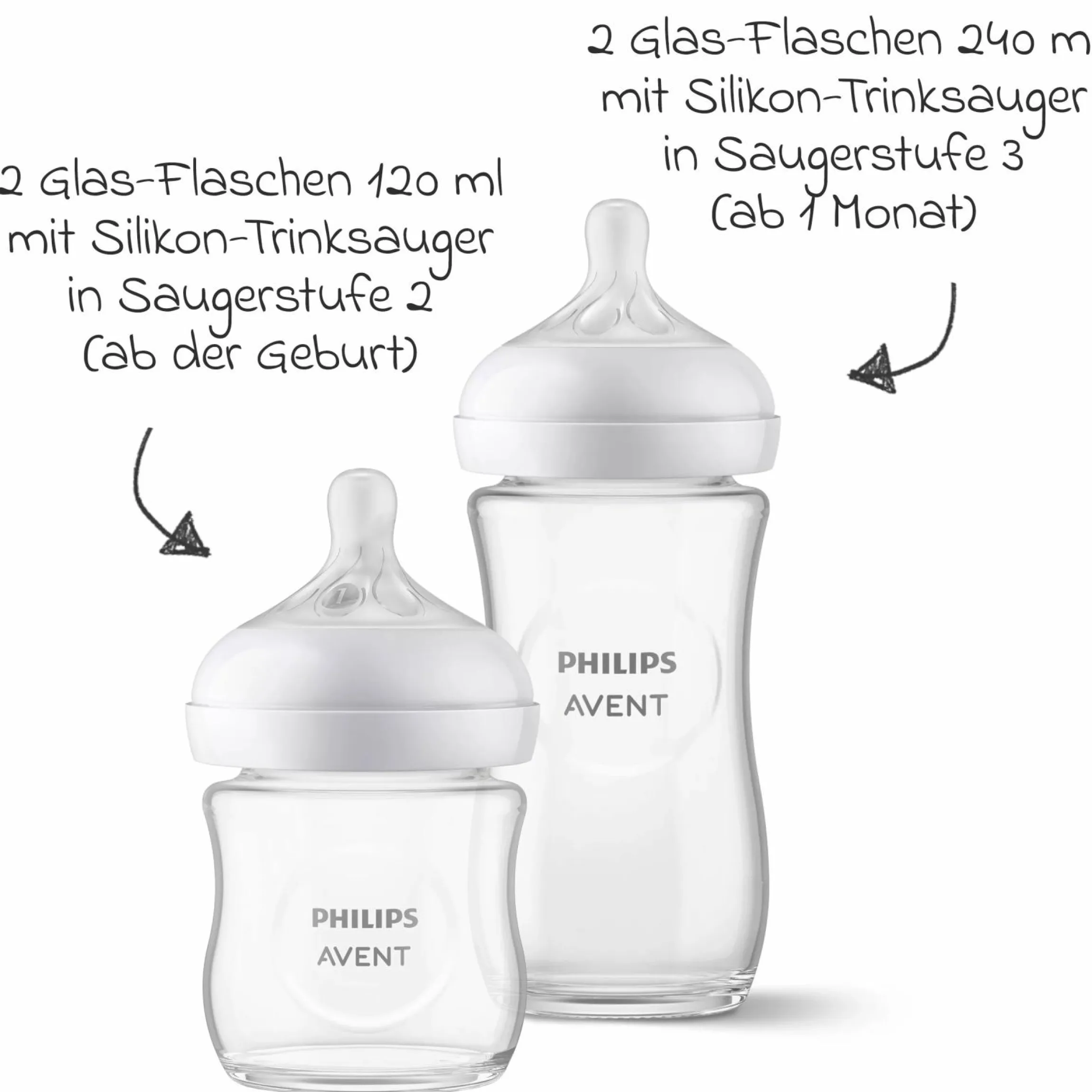 Premium Starter-Set Glas Natural 9-tlg. - Babykostwärmer + 4x Babyflasche + 1x Flaschenbürste + 3x Spucktuch