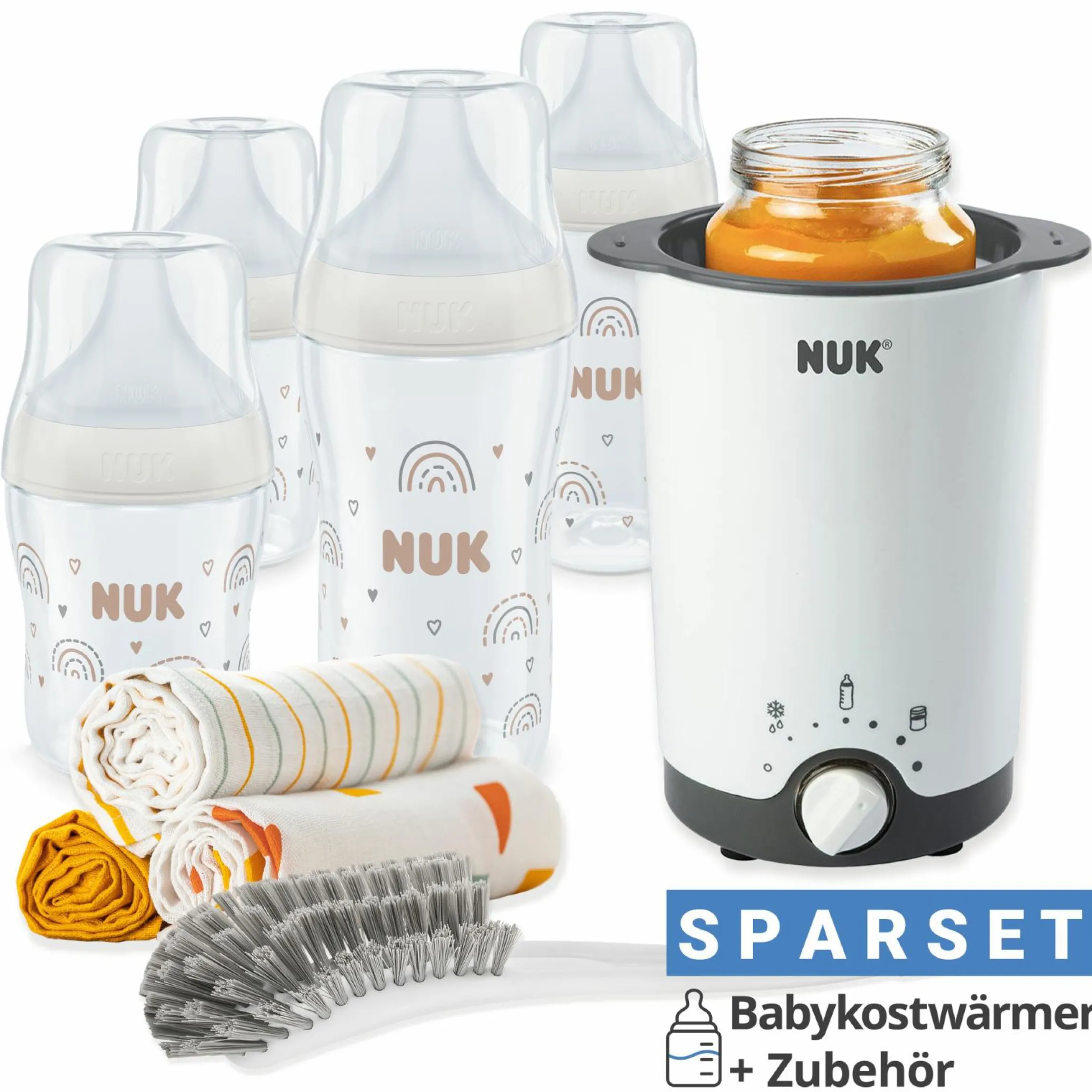 Premium Starter-Set 9-tlg. - Babykostwärmer + 4 PP-Flaschen Perfect Match + 1 Flaschenbürste + 3 Spucktücher - Regenbogen - Weiß
