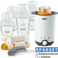 Premium Starter-Set 9-tlg. - Babykostwärmer + 4 Glas-Flaschen Perfect Match + 1 Flaschenbürste + 3 Spucktücher - Regenbogen - Weiß