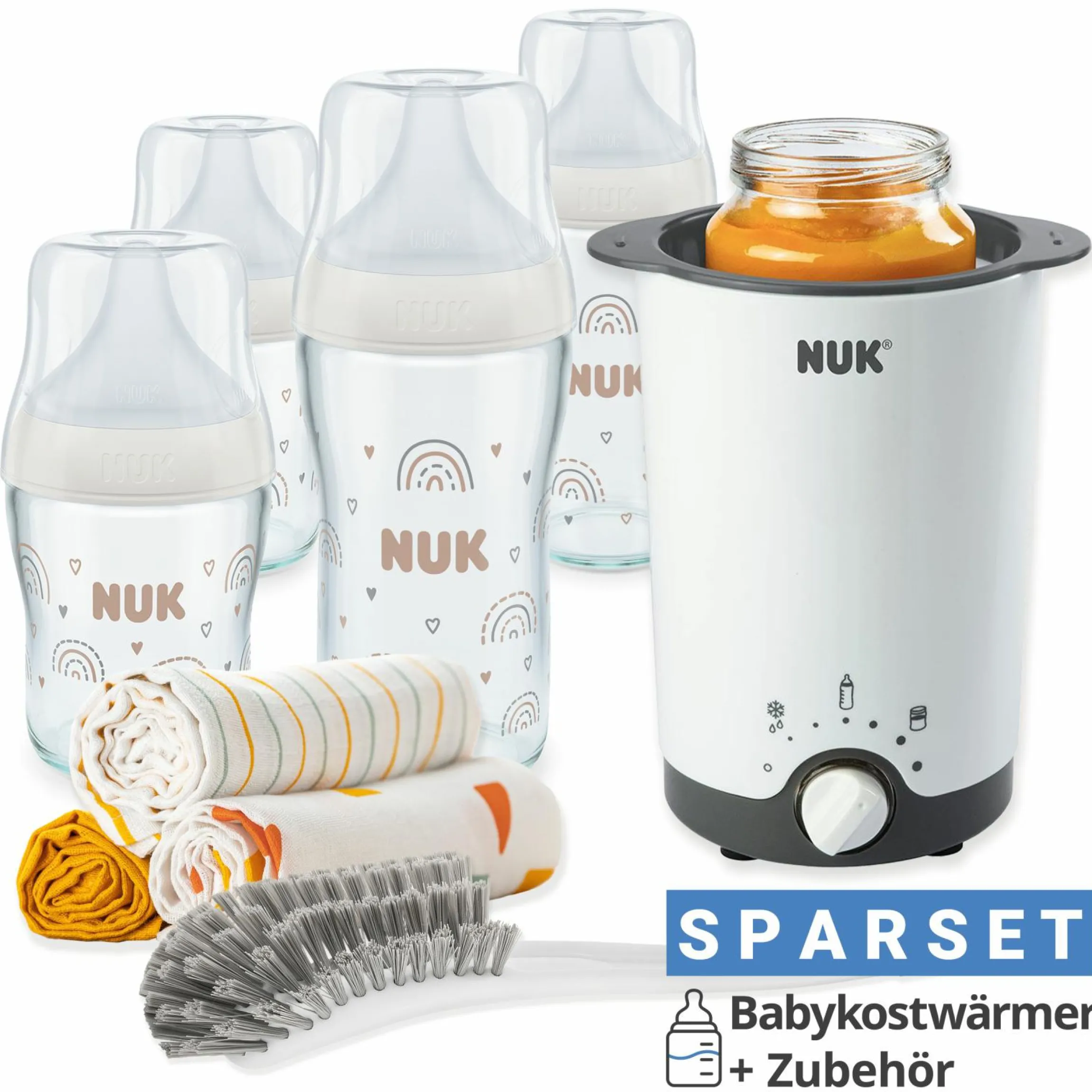 Premium Starter-Set 9-tlg. - Babykostwärmer + 4 Glas-Flaschen Perfect Match + 1 Flaschenbürste + 3 Spucktücher - Regenbogen - Weiß