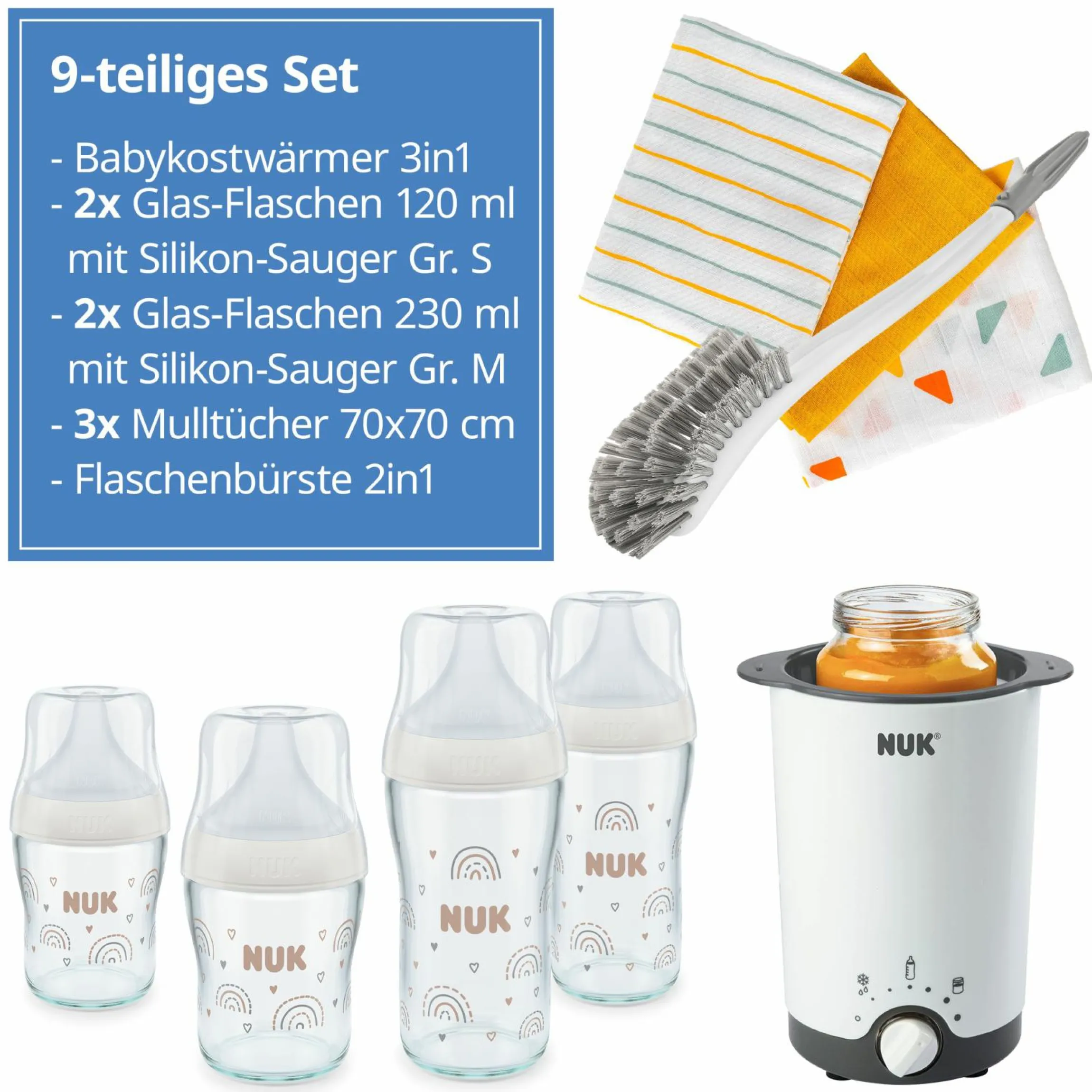 Premium Starter-Set 9-tlg. - Babykostwärmer + 4 Glas-Flaschen Perfect Match + 1 Flaschenbürste + 3 Spucktücher - Regenbogen - Weiß