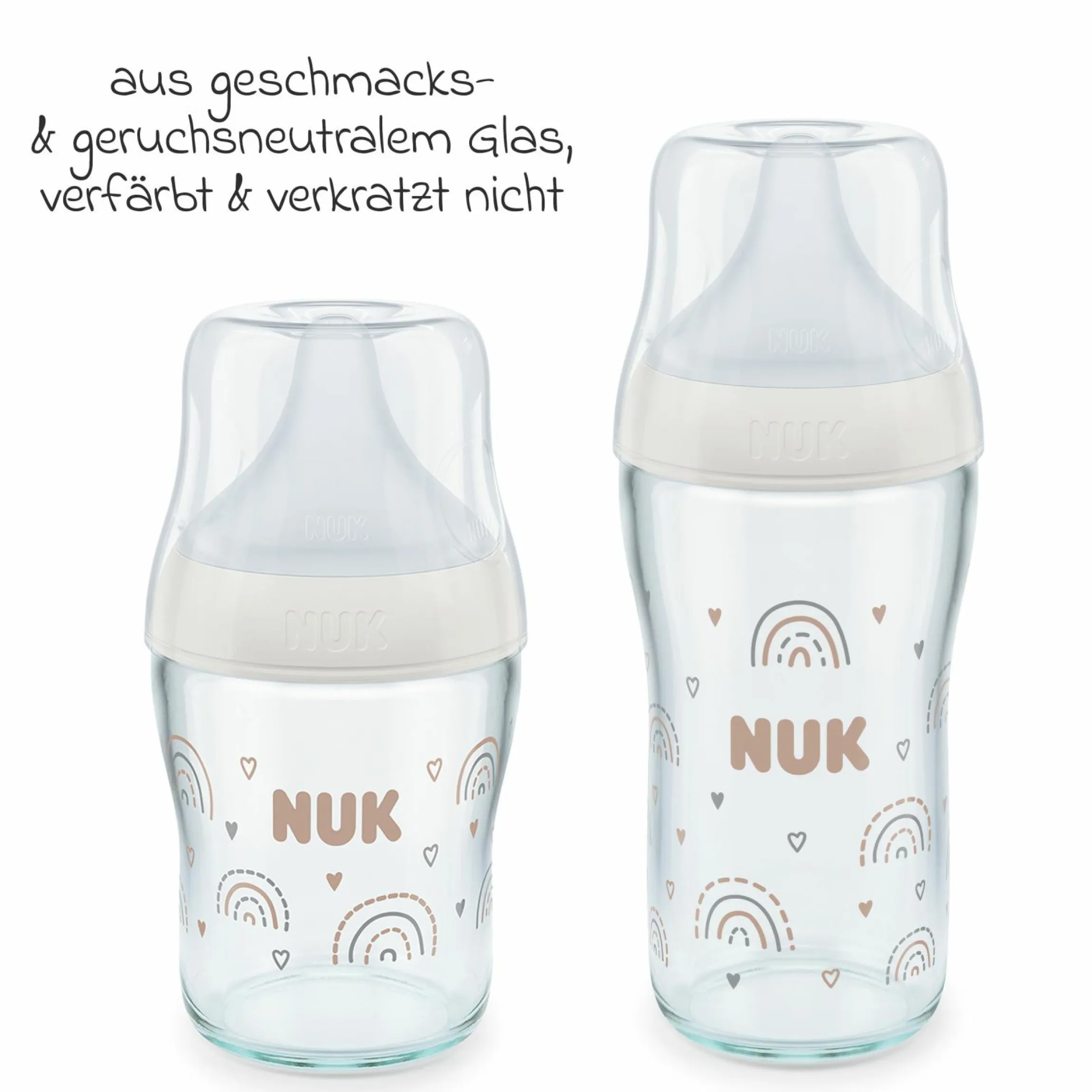 Premium Starter-Set 9-tlg. - Babykostwärmer + 4 Glas-Flaschen Perfect Match + 1 Flaschenbürste + 3 Spucktücher - Regenbogen - Weiß