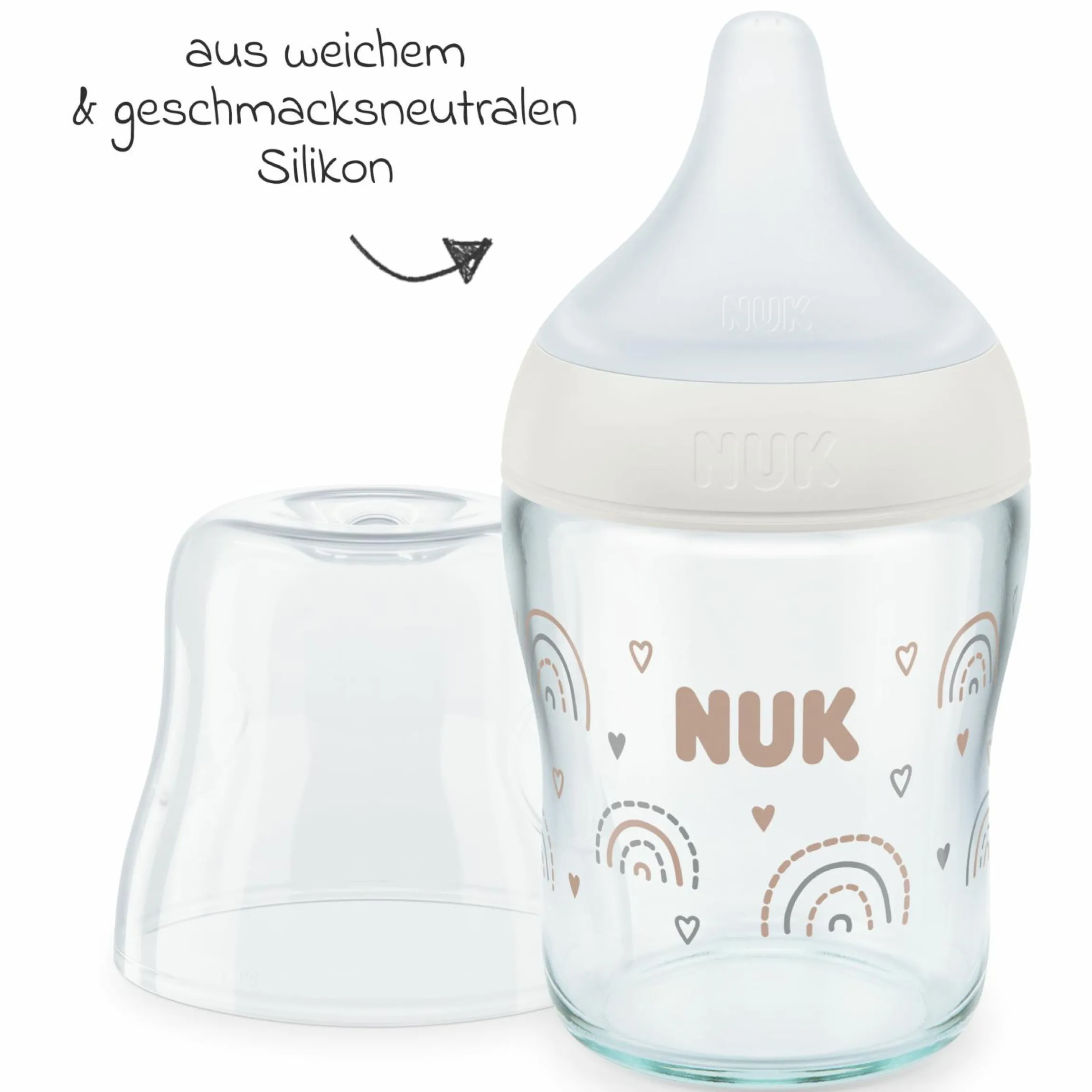 Premium Starter-Set 9-tlg. - Babykostwärmer + 4 Glas-Flaschen Perfect Match + 1 Flaschenbürste + 3 Spucktücher - Regenbogen - Weiß