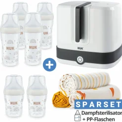 Premium Starter-Set 10-tlg. - Dampfsterilisator Vario Express + 6 PP-Flaschen Perfect Match + 3 Spucktücher - Regenbogen - Weiß