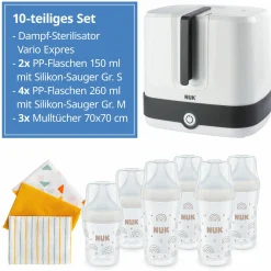 Premium Starter-Set 10-tlg. - Dampfsterilisator Vario Express + 6 PP-Flaschen Perfect Match + 3 Spucktücher - Regenbogen - Weiß