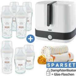 Premium Starter-Set 11-tlg. - Dampfsterilisator Vario Express + 6 Glas-Flaschen Perfect Match + 3 Spucktücher - Regenbogen - Weiß