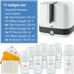 Premium Starter-Set 11-tlg. - Dampfsterilisator Vario Express + 6 Glas-Flaschen Perfect Match + 3 Spucktücher - Regenbogen - Weiß