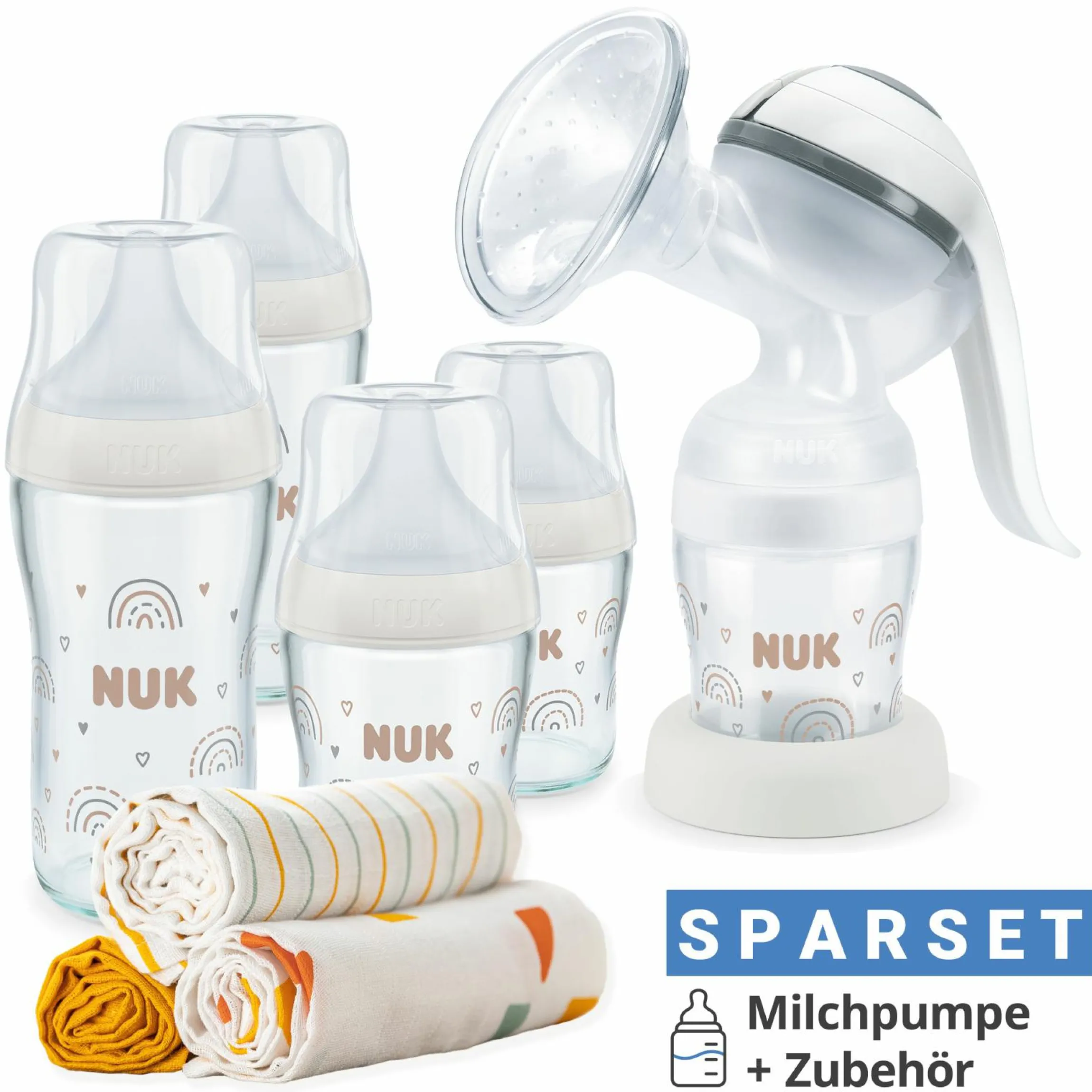 Premium Still-Set Basic 8-tlg. - Handmilchpumpe + 4 Glas-Flaschen Perfect Match + 3 Spucktücher - Regenbogen - Weiß