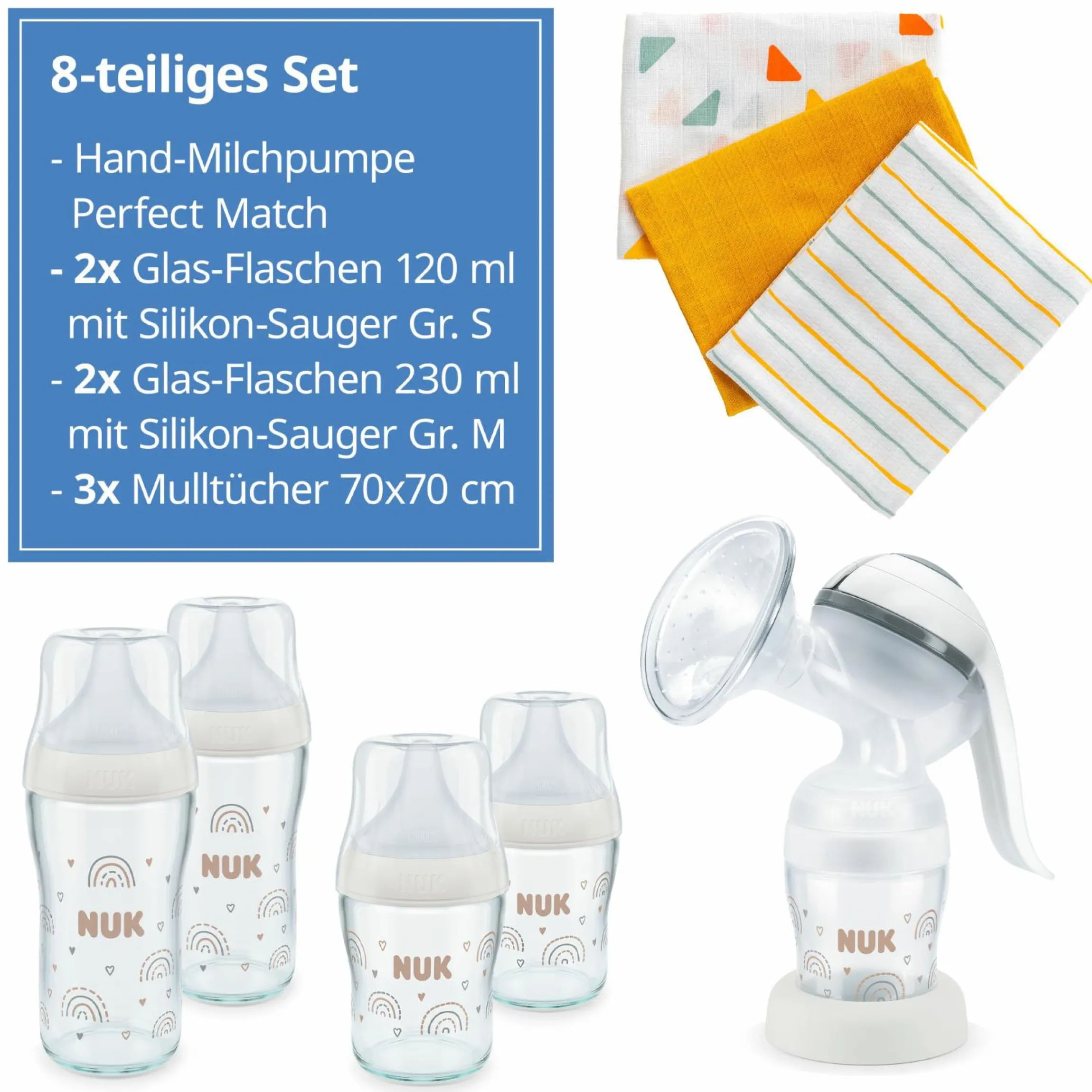 Premium Still-Set Basic 8-tlg. - Handmilchpumpe + 4 Glas-Flaschen Perfect Match + 3 Spucktücher - Regenbogen - Weiß