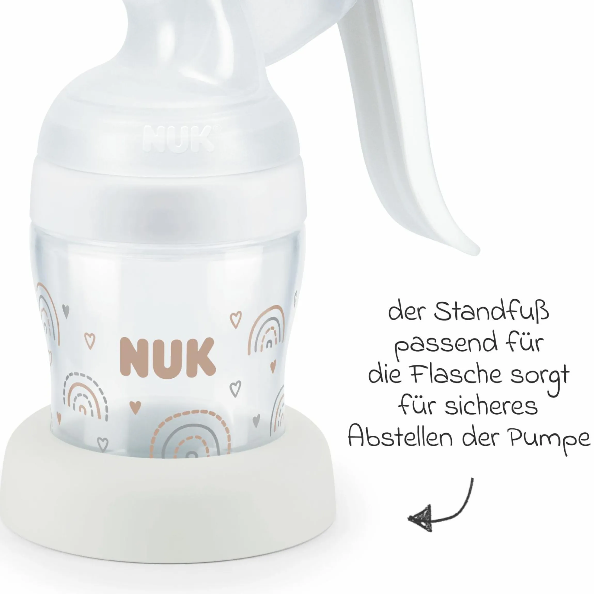 Premium Still-Set Basic 8-tlg. - Handmilchpumpe + 4 Glas-Flaschen Perfect Match + 3 Spucktücher - Regenbogen - Weiß
