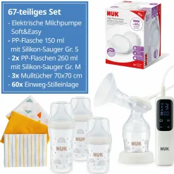 Premium Still-Set Deluxe 67-tlg. - elektr. Milchpumpe Soft&Easy + 3 PP-Flaschen Perfect Match + 60 Stilleinlagen + 3 Spucktücher - Regenbogen - Weiß