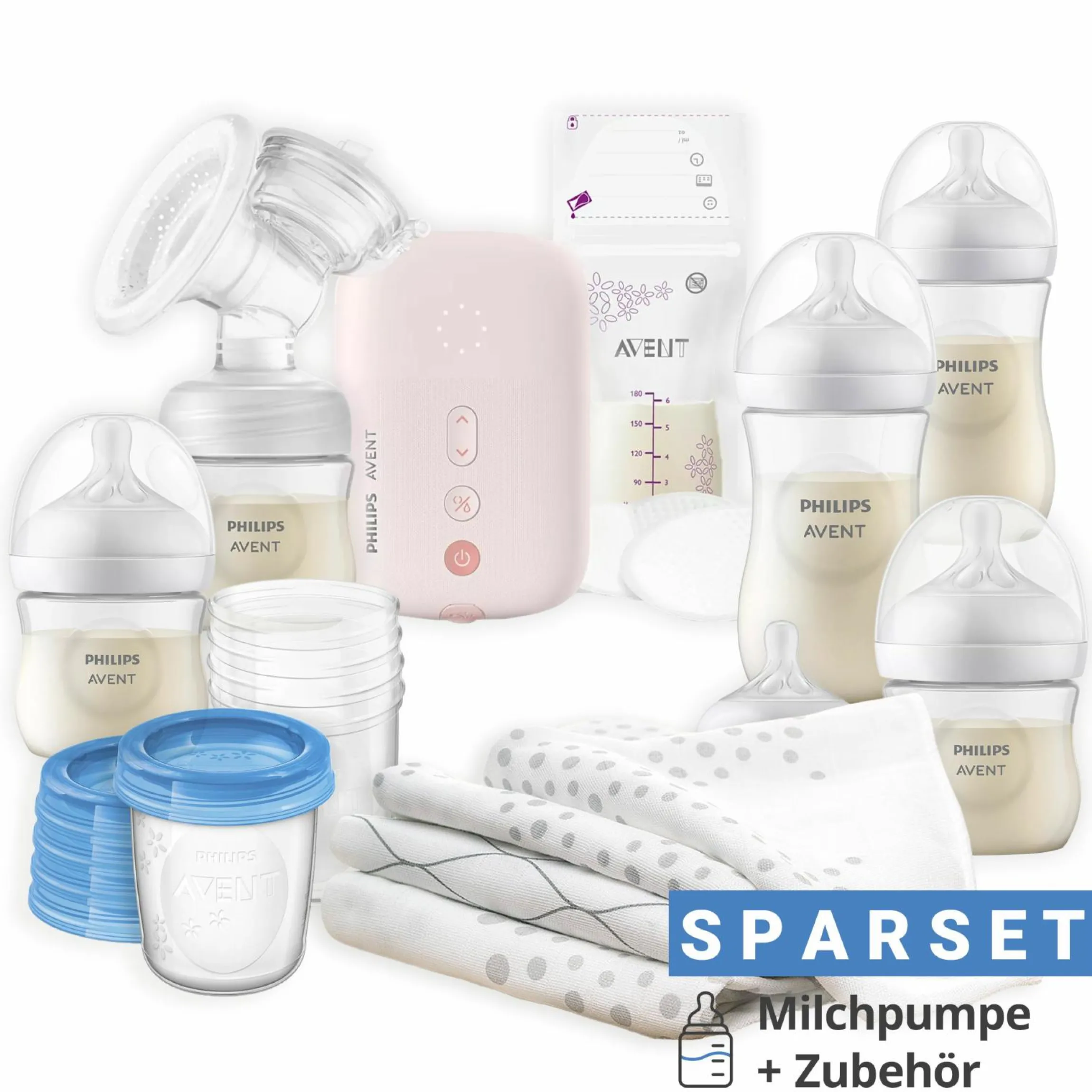 Premium Still-Set Deluxe 80-tlg. - elektr. Milchpumpe + 5 PP-Flaschen + 5 Mehrwegbecher + 5 Muttermilchbeutel + 62 Stilleinlagen + 3 Mulltücher