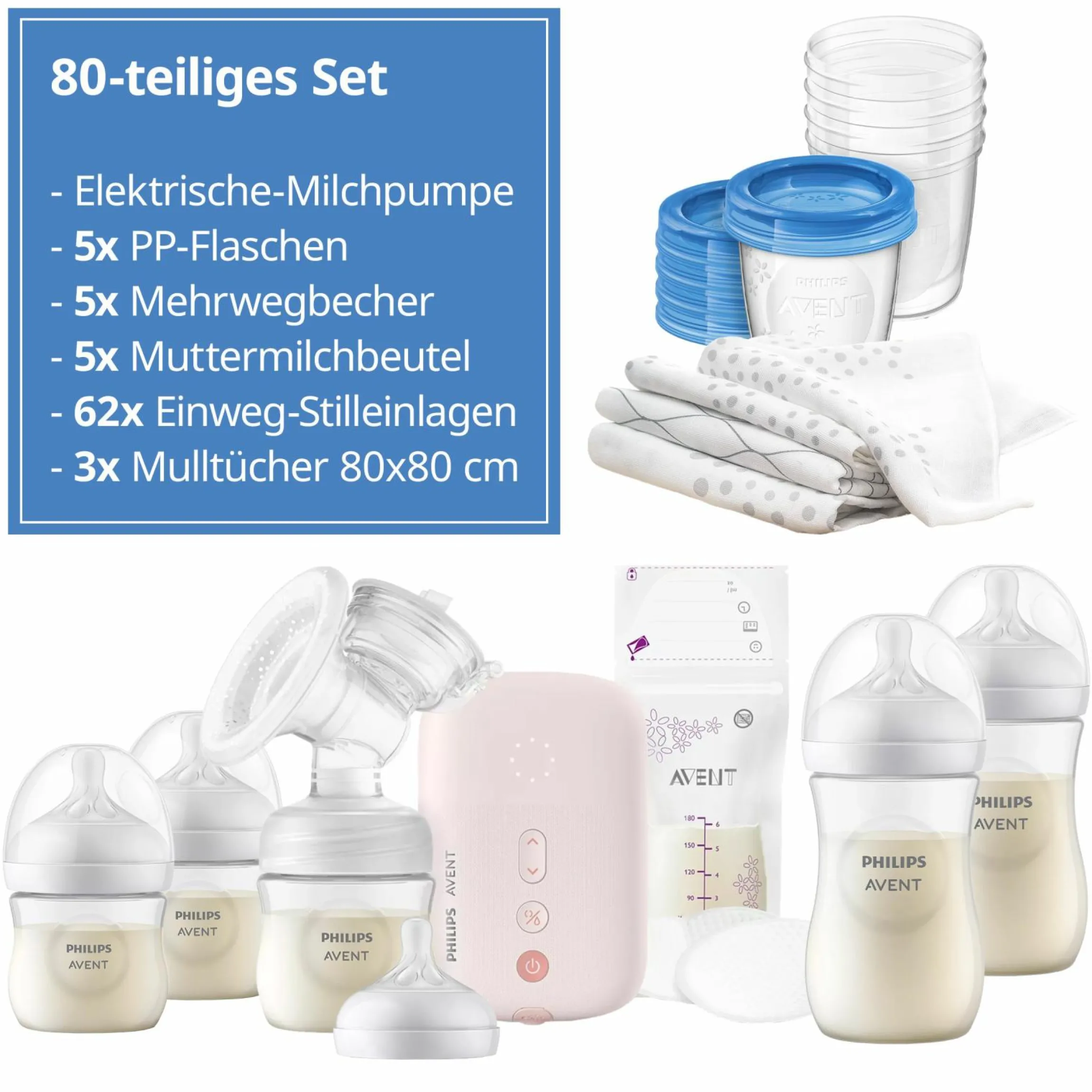 Premium Still-Set Deluxe 80-tlg. - elektr. Milchpumpe + 5 PP-Flaschen + 5 Mehrwegbecher + 5 Muttermilchbeutel + 62 Stilleinlagen + 3 Mulltücher