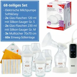 Premium Still-Set Deluxe 68-tlg. - elektr. Milchpumpe Soft&Easy + 4 Glas-Flaschen Perfect Match + 60 Stilleinlagen + 3 Spucktücher - Regenbogen - Weiß