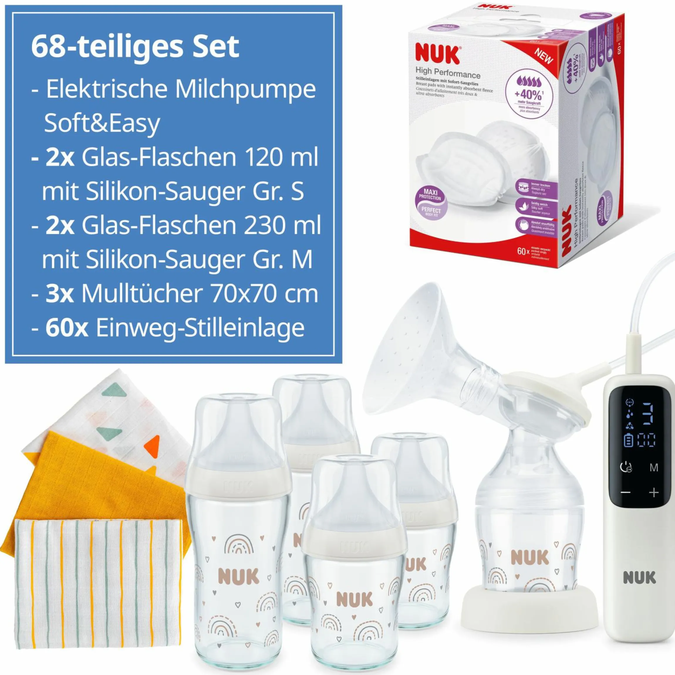 Premium Still-Set Deluxe 68-tlg. - elektr. Milchpumpe Soft&Easy + 4 Glas-Flaschen Perfect Match + 60 Stilleinlagen + 3 Spucktücher - Regenbogen - Weiß