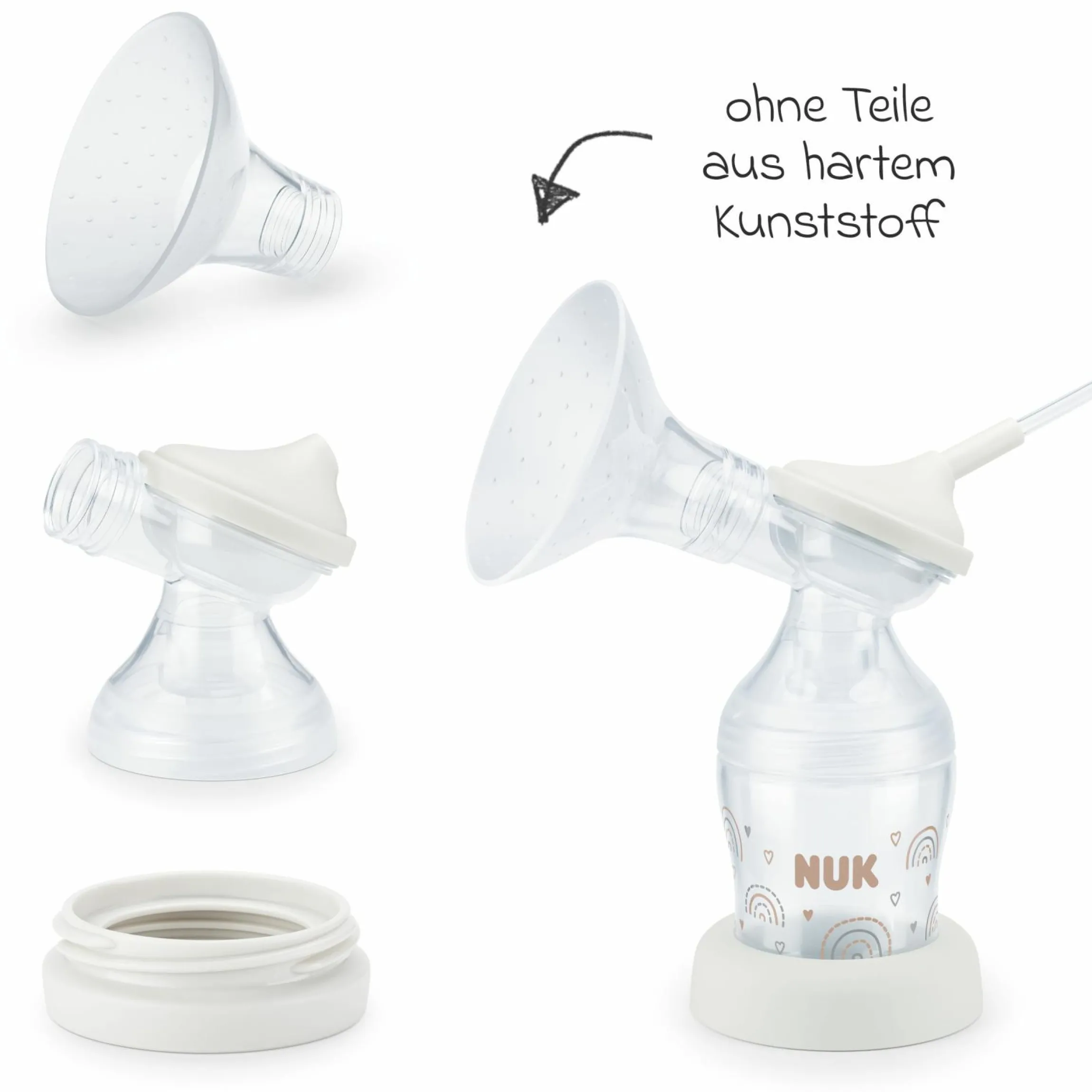 Premium Still-Set Deluxe 68-tlg. - elektr. Milchpumpe Soft&Easy + 4 Glas-Flaschen Perfect Match + 60 Stilleinlagen + 3 Spucktücher - Regenbogen - Weiß
