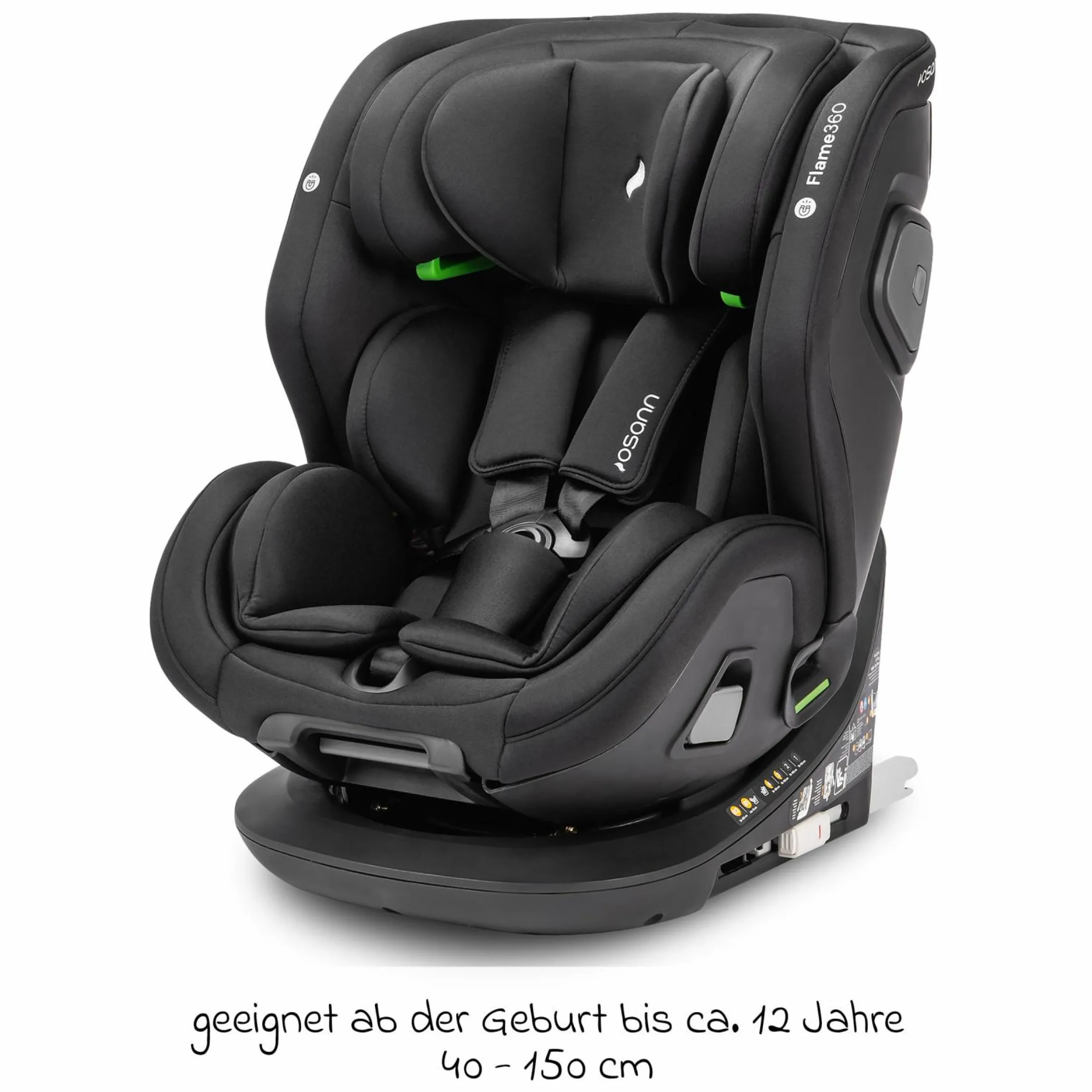 Reboarder-Kindersitz Flame 360 i-Size drehbar ab Geburt - 12 Jahre (40 cm - 150 cm) inkl. Isofix-Basis - All Black