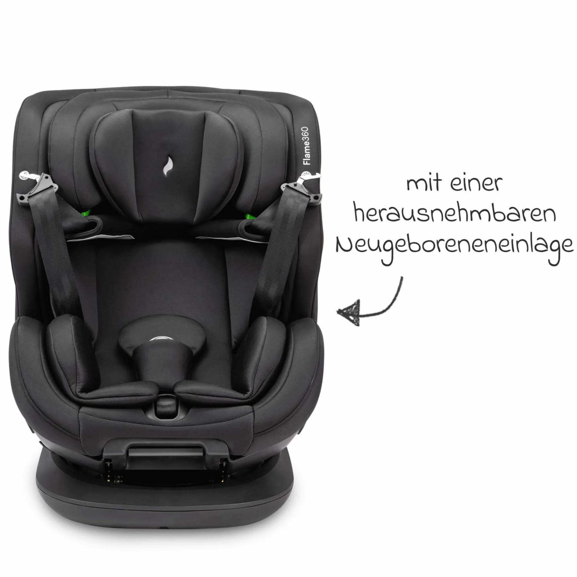 Reboarder-Kindersitz Flame 360 i-Size drehbar ab Geburt - 12 Jahre (40 cm - 150 cm) inkl. Isofix-Basis - All Black