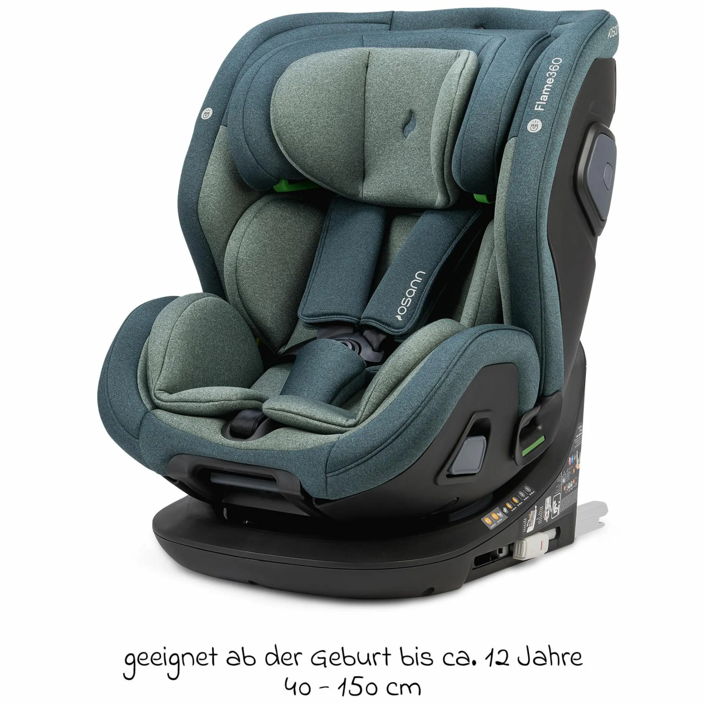 Reboarder-Kindersitz Flame 360 i-Size drehbar ab Geburt - 12 Jahre (40 cm - 150 cm) inkl. Isofix-Basis - Universe Green