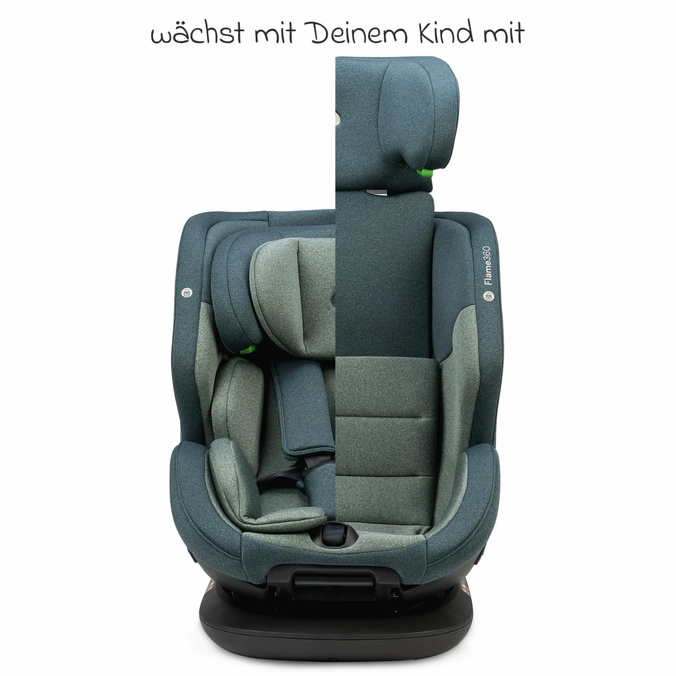 Reboarder-Kindersitz Flame 360 i-Size drehbar ab Geburt - 12 Jahre (40 cm - 150 cm) inkl. Isofix-Basis - Universe Green