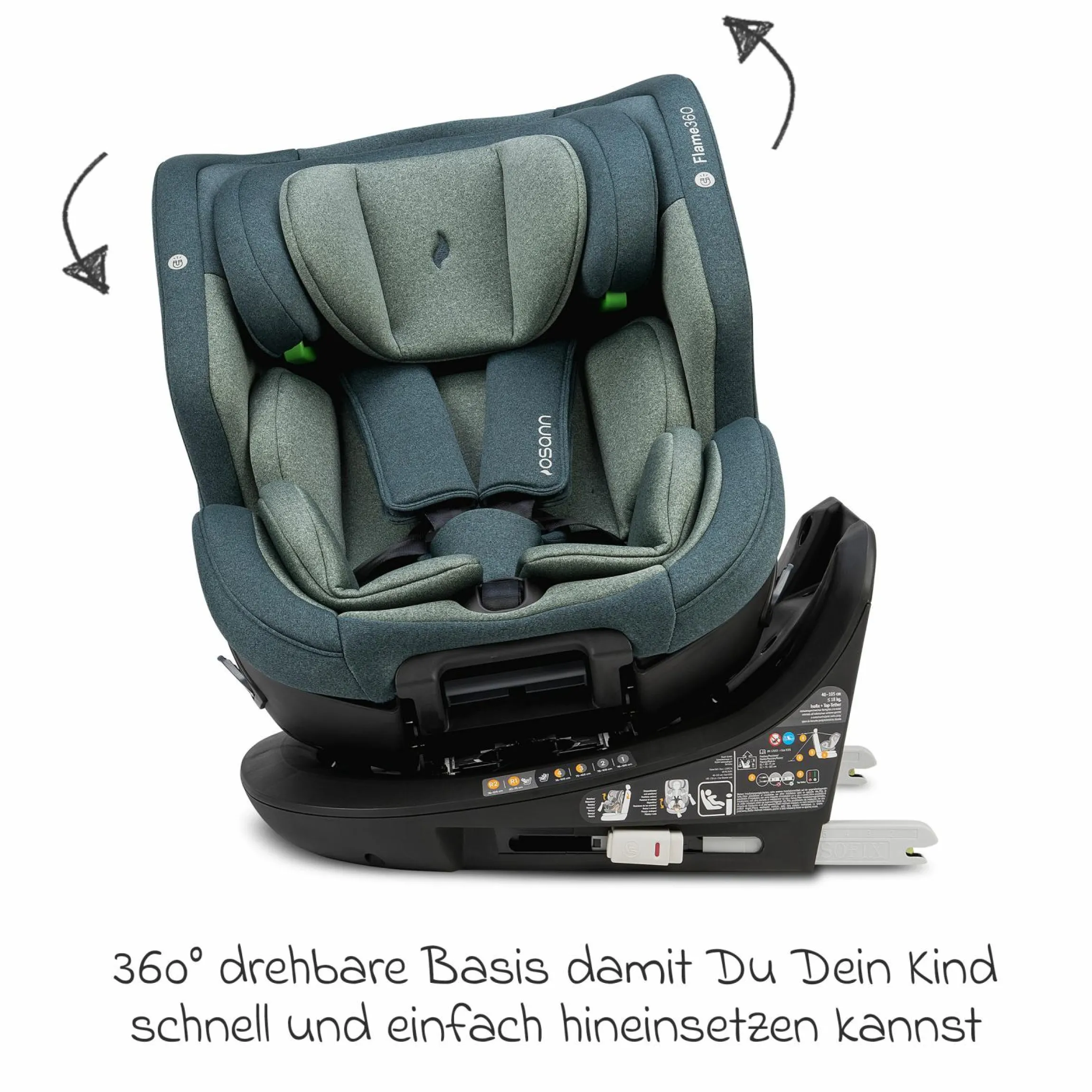 Reboarder-Kindersitz Flame 360 i-Size drehbar ab Geburt - 12 Jahre (40 cm - 150 cm) inkl. Isofix-Basis - Universe Green