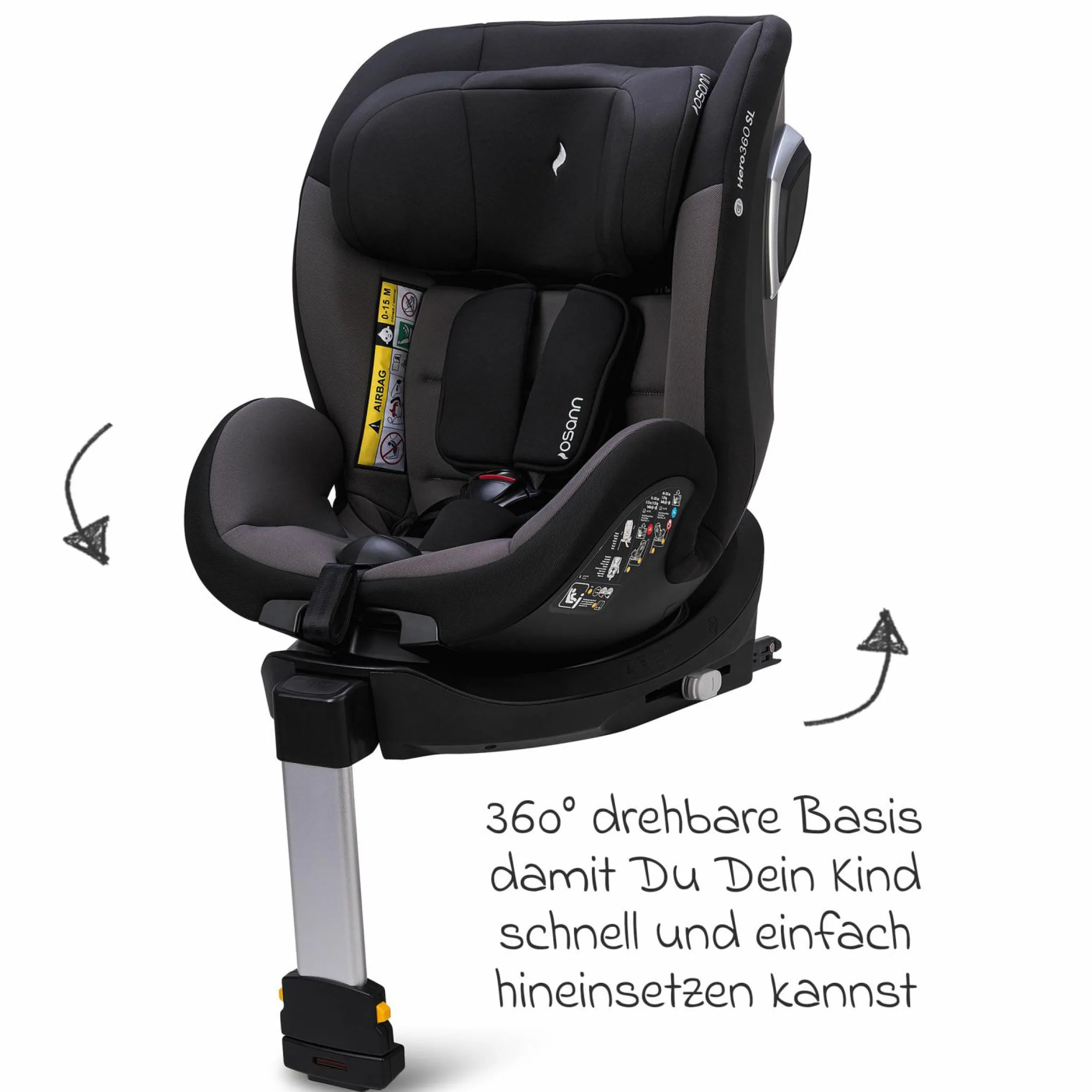 Reboarder-Kindersitz Hero 360 SL ab Geburt - 4 Jahre (40 cm -105 cm) drehbar inkl. Isofix-Basis - Twill Black - Kollektion 2025