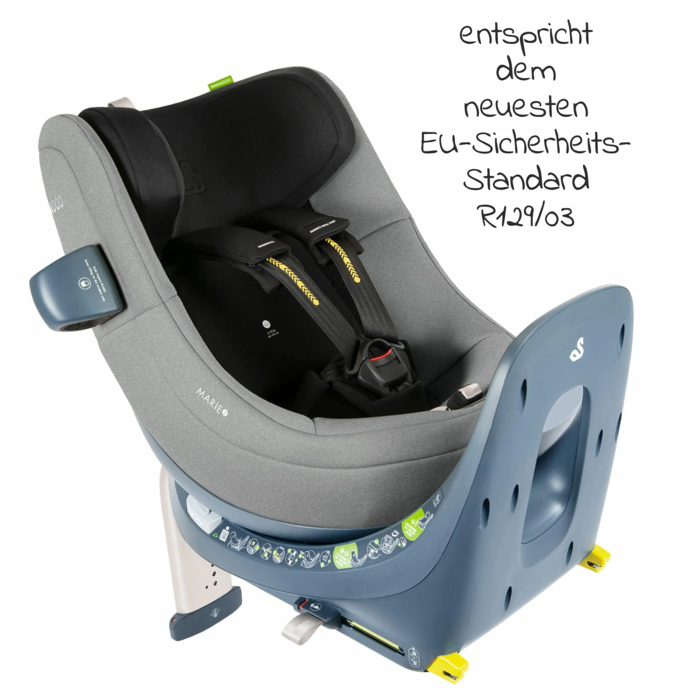 Reboarder-Kindersitz Marie³ i-Size ab Geburt - 4 Jahre (40 cm - 105 cm, 18 kg) 360 ° drehbar inkl. Neugeboreneneinlage, verstellbare Kopfstütze & Isofix - Sesame Grey
