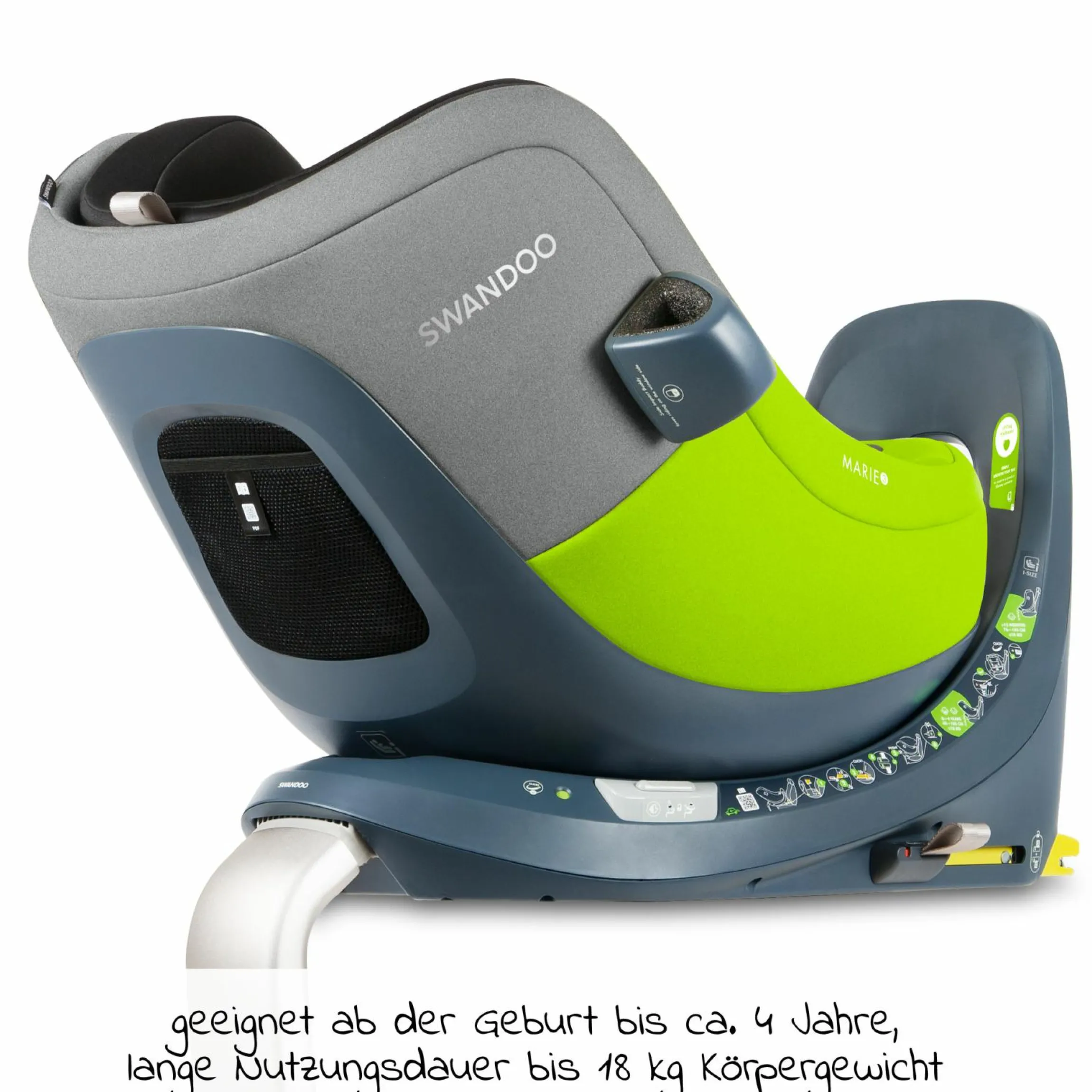 Reboarder-Kindersitz Marie³ i-Size ab Geburt - 4 Jahre (40 cm - 105 cm, 18 kg) 360 ° drehbar inkl. Neugeboreneneinlage, verstellbare Kopfstütze & Isofix - Lime Sesame Grey