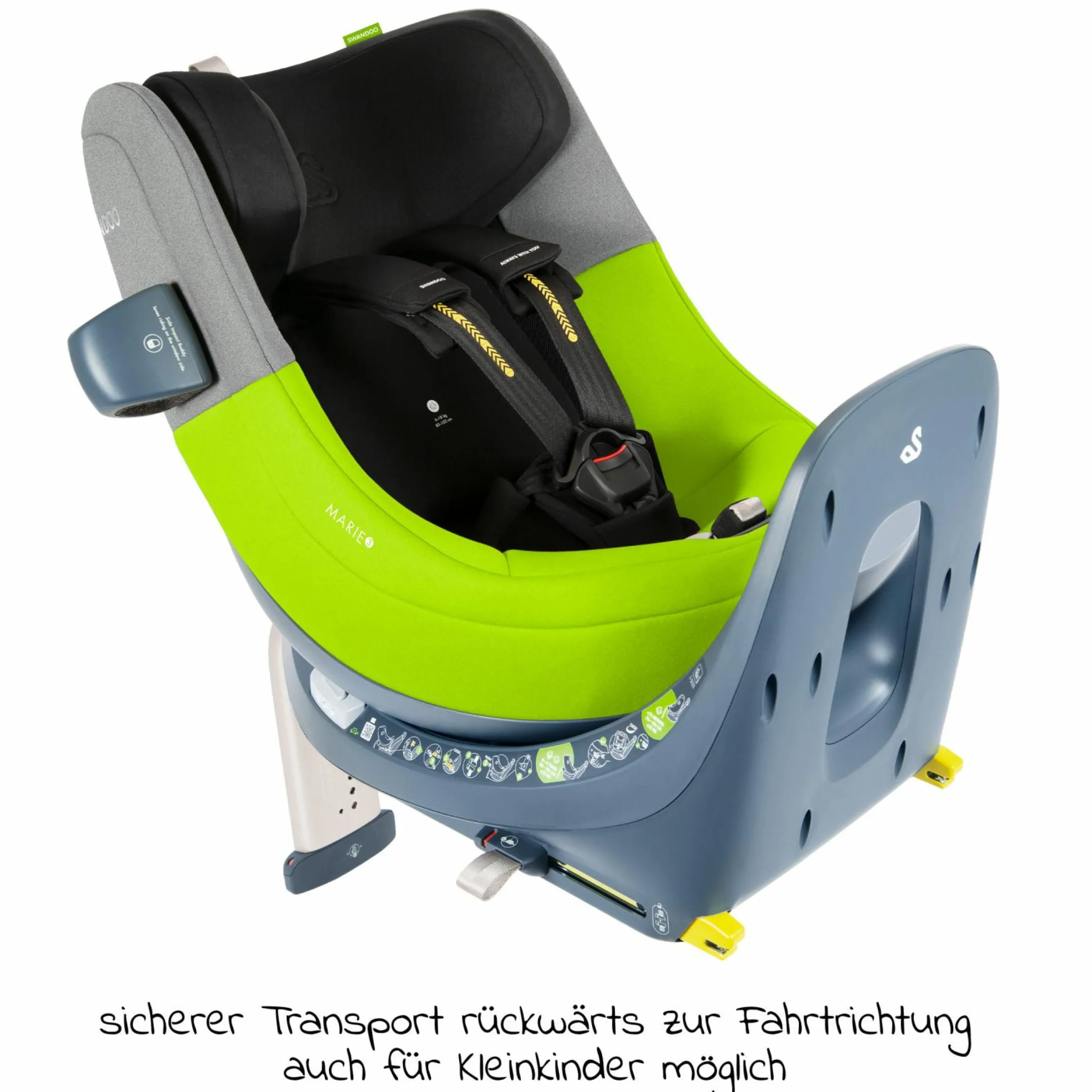 Reboarder-Kindersitz Marie³ i-Size ab Geburt - 4 Jahre (40 cm - 105 cm, 18 kg) 360 ° drehbar inkl. Neugeboreneneinlage, verstellbare Kopfstütze & Isofix - Lime Sesame Grey