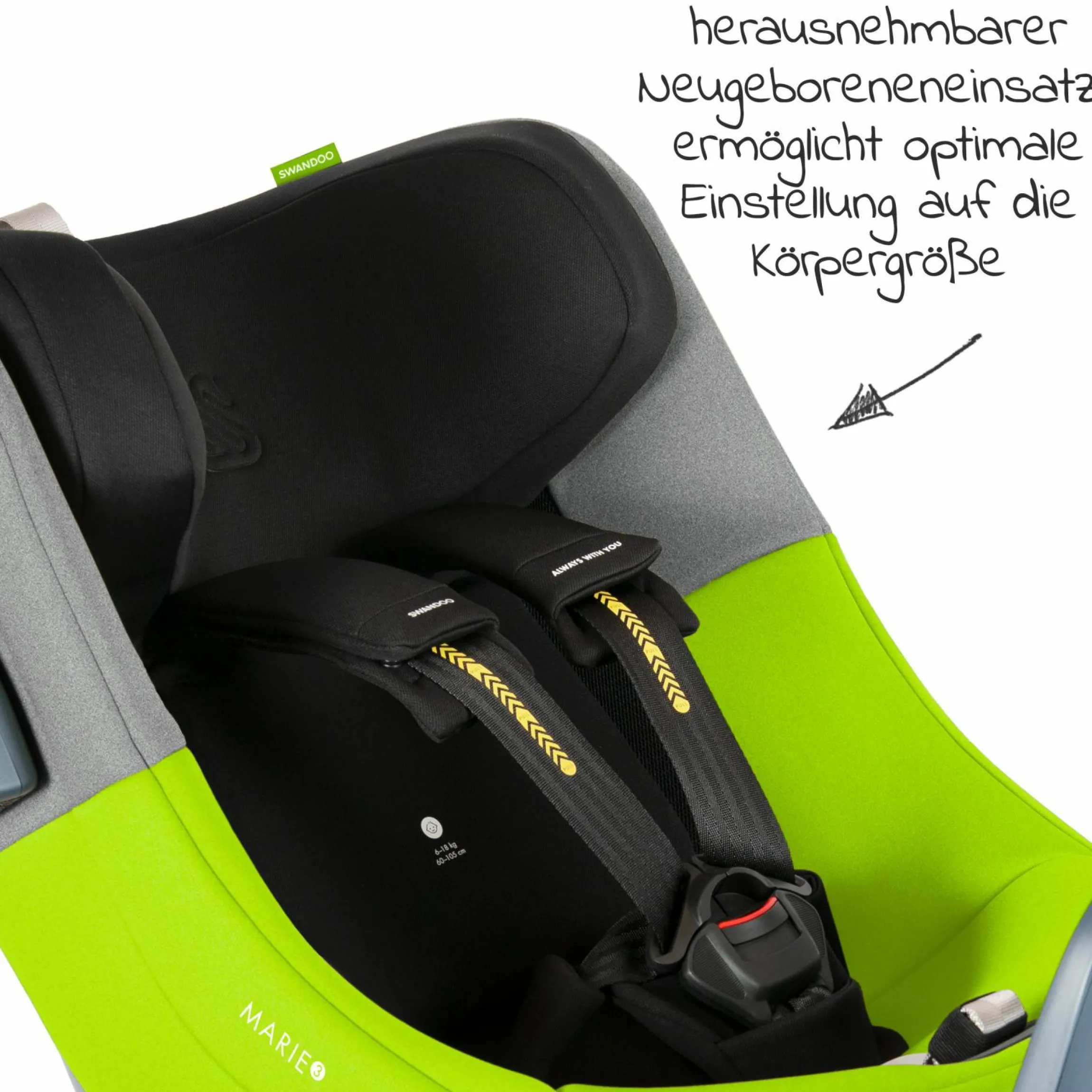 Reboarder-Kindersitz Marie³ i-Size ab Geburt - 4 Jahre (40 cm - 105 cm, 18 kg) 360 ° drehbar inkl. Neugeboreneneinlage, verstellbare Kopfstütze & Isofix - Lime Sesame Grey
